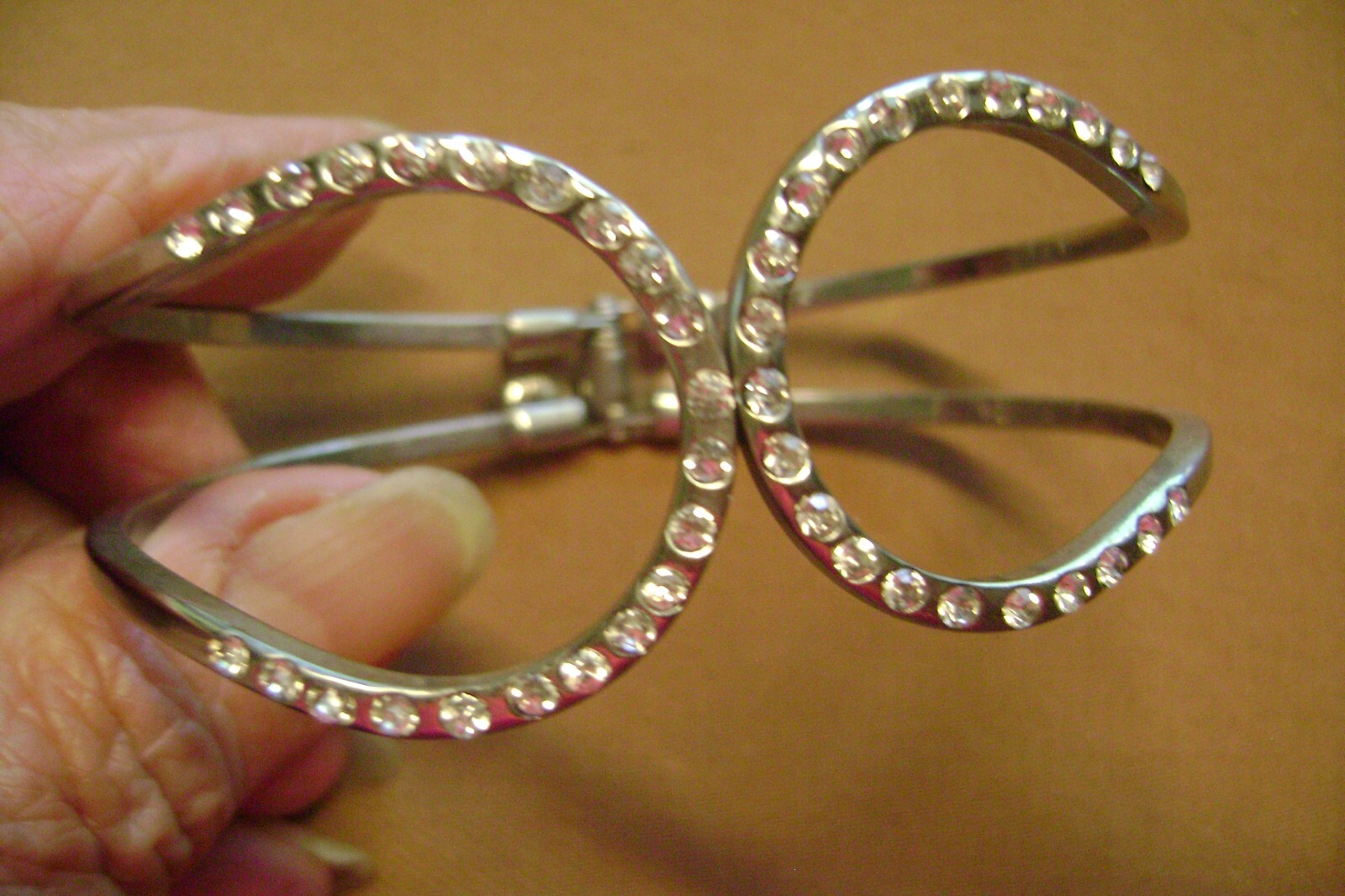 SIGNED MONET RHINESTONE HINGED OPEN CUFF/ BANGLE SILVER TONE BRACELET