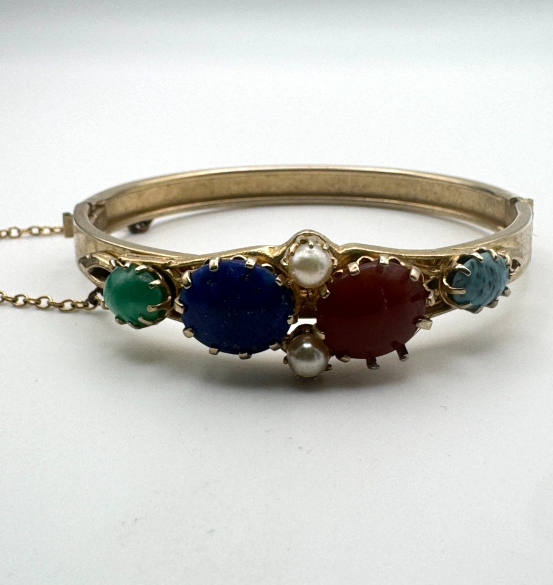 Vintage Cabochon Bracelet Green Blue Hinged Bangle Victorian Revival
