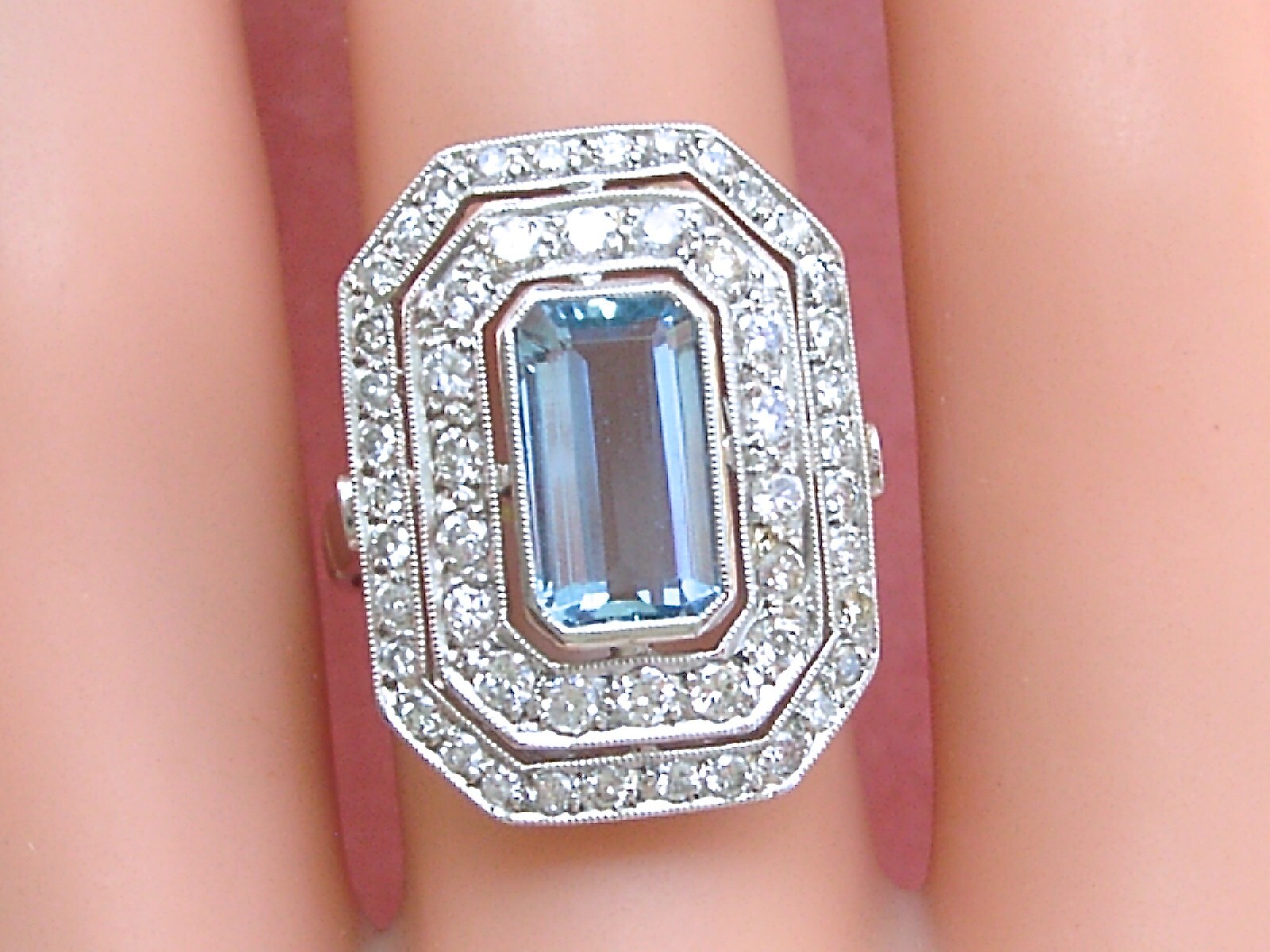 ESTATE DECO 1.55ct AQUAMARINE 1ctw OLD DIAMOND PLATINUM COCKTAIL RIGHT-HAND RING