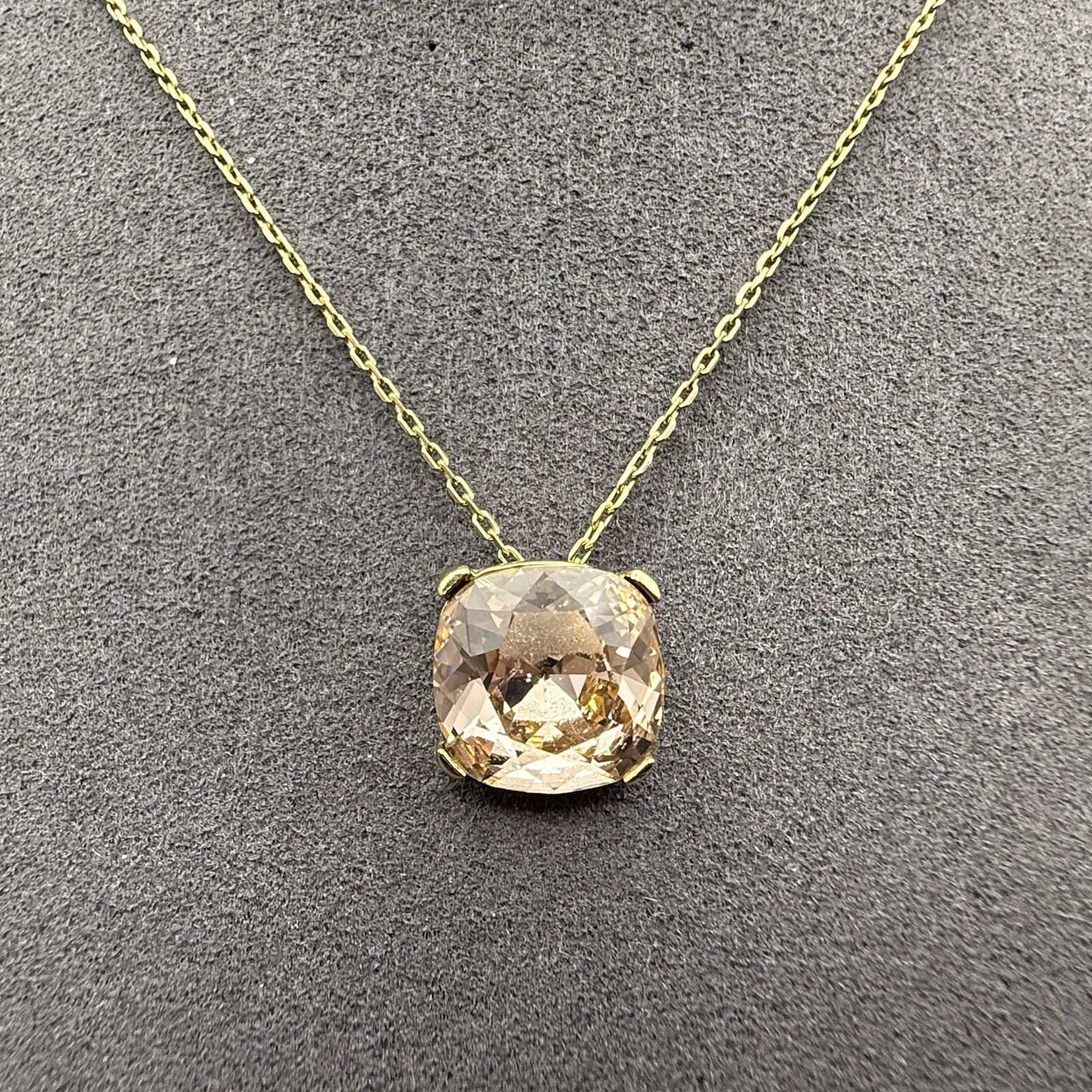 Gold Tone Blush Champagne Cushion Cut Crystal Pendant Necklace Modernist Sparkle