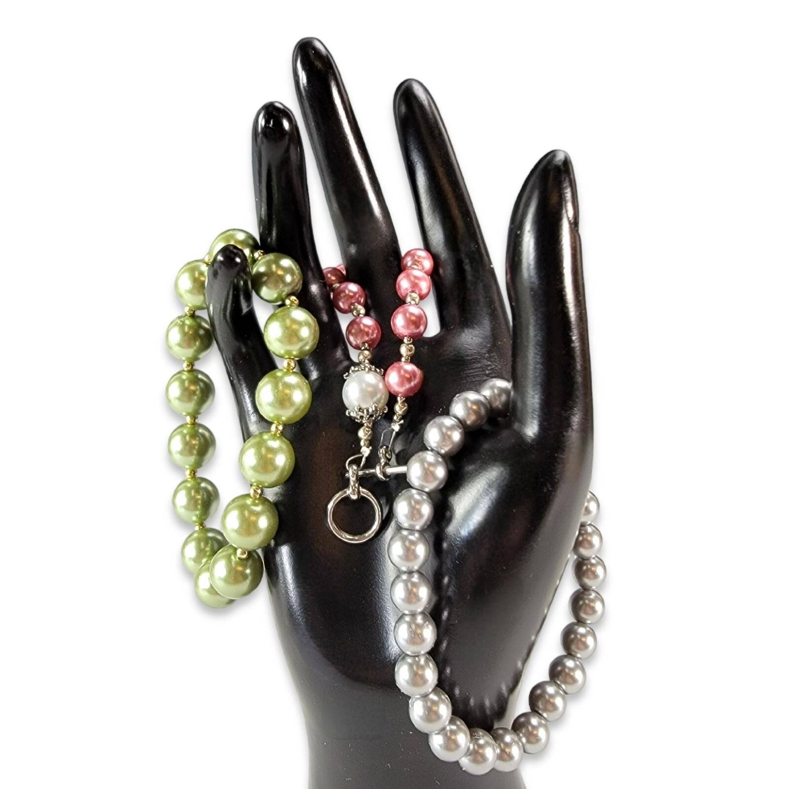Vintage Pastel Faux Pearl Bracelets Gray Green Pink Jewelry Set of (3) 7.25″