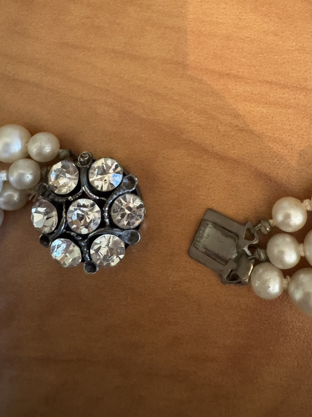 Antique Three Strand Hand Knotted Pearl Graduated Necklace Rhinestone Clasp