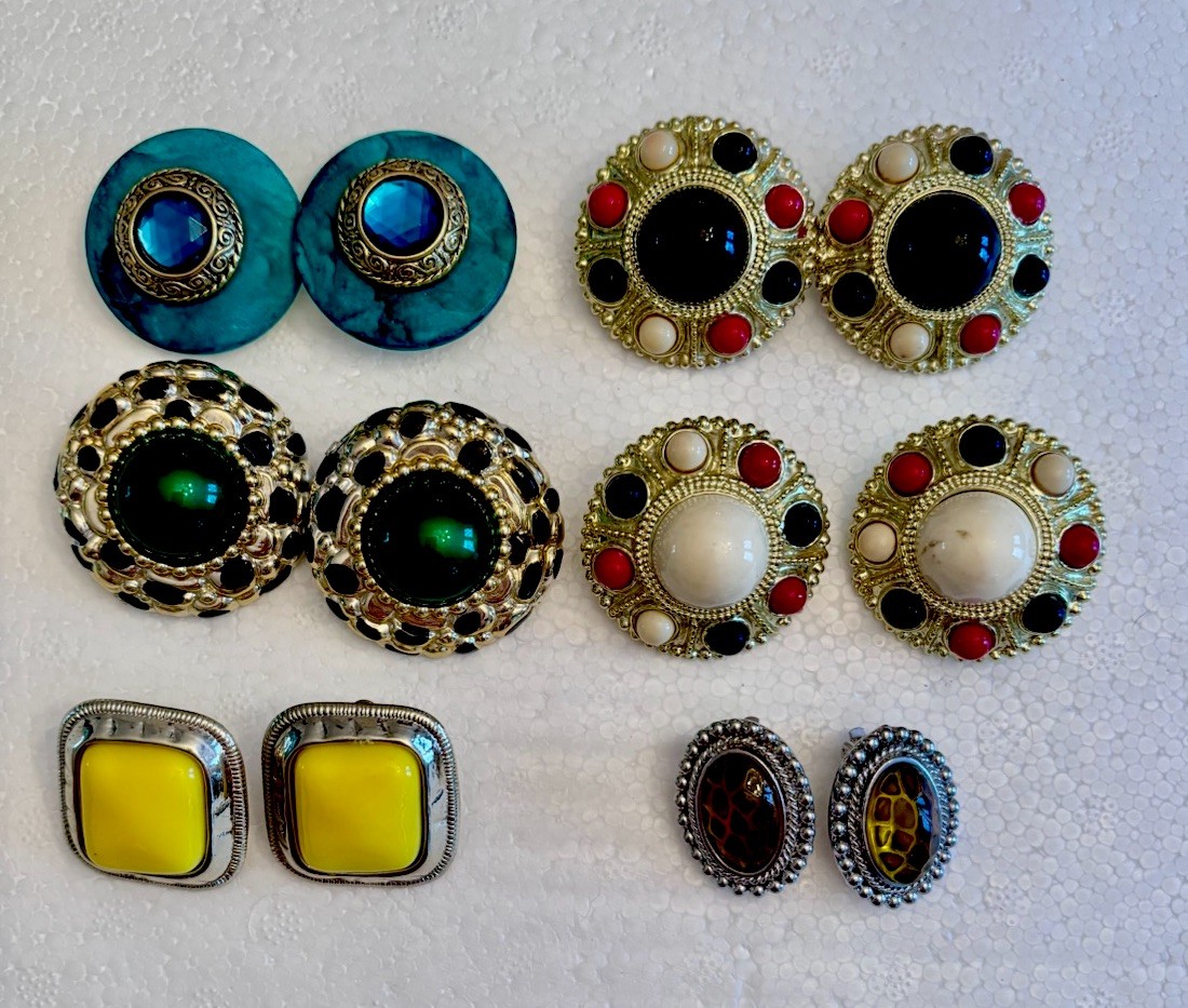 Lot Of 6 Pair Vintage 1980s Clip Earrings Yellow Gold Amber Red Black Green