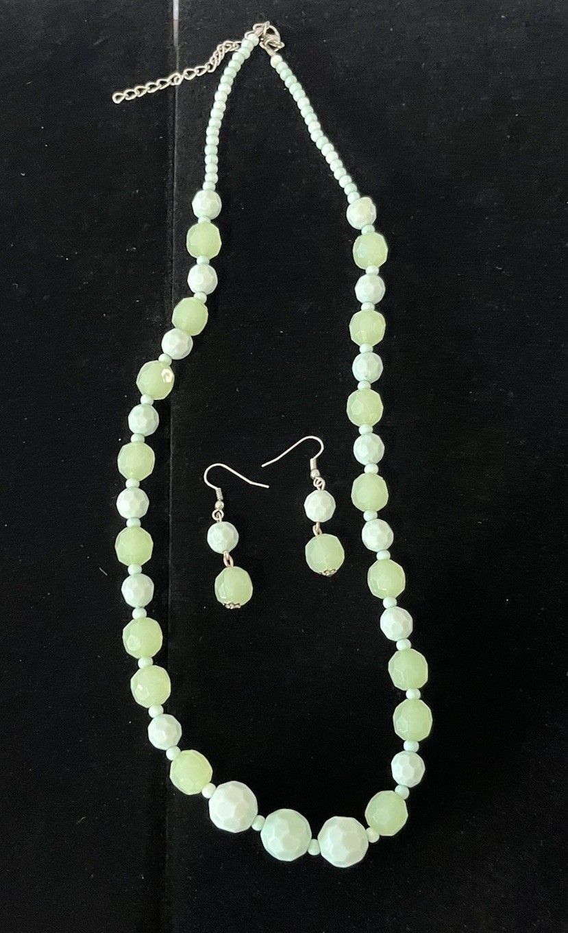Vintage Light Green Beaded Statement Necklace & Pierced Earrings