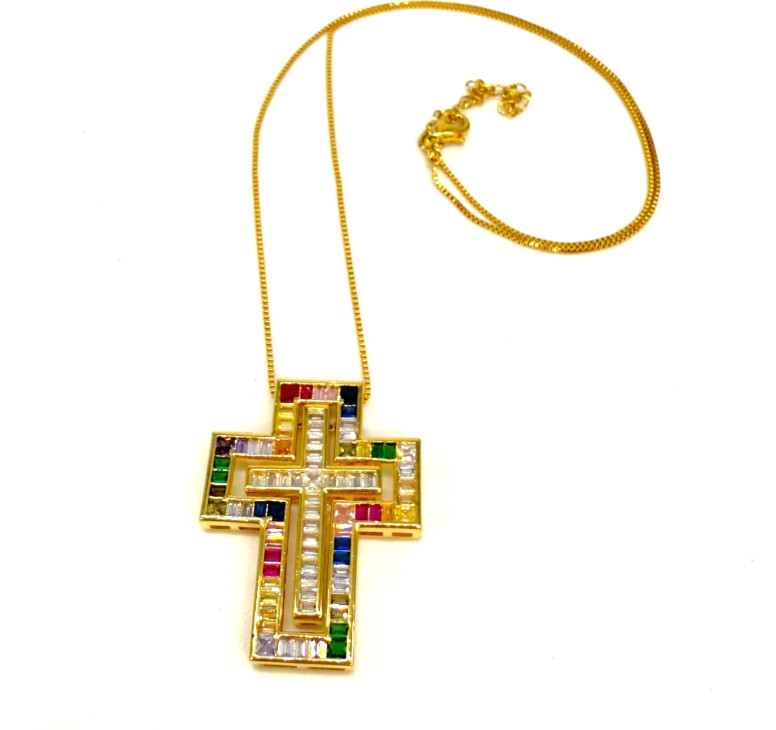 Vintage Double Cross Necklace Colored Rhinestones 18 Inches Gold Tone