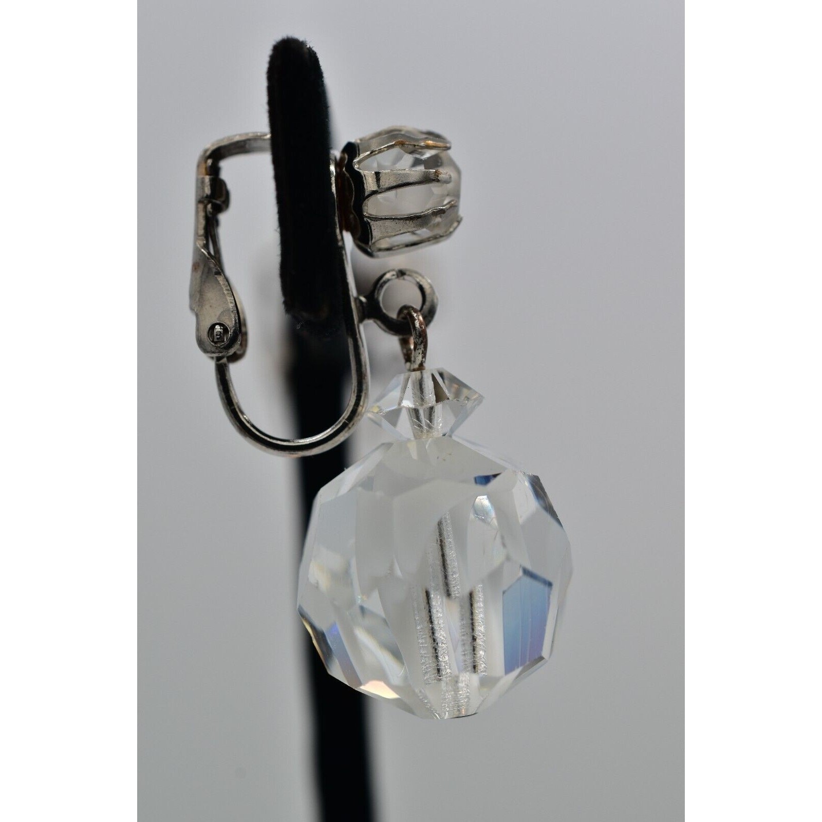 Vintage Crystal Clip On Earrings Silver Dangle Clear Ball Drop Glam 1950s A24