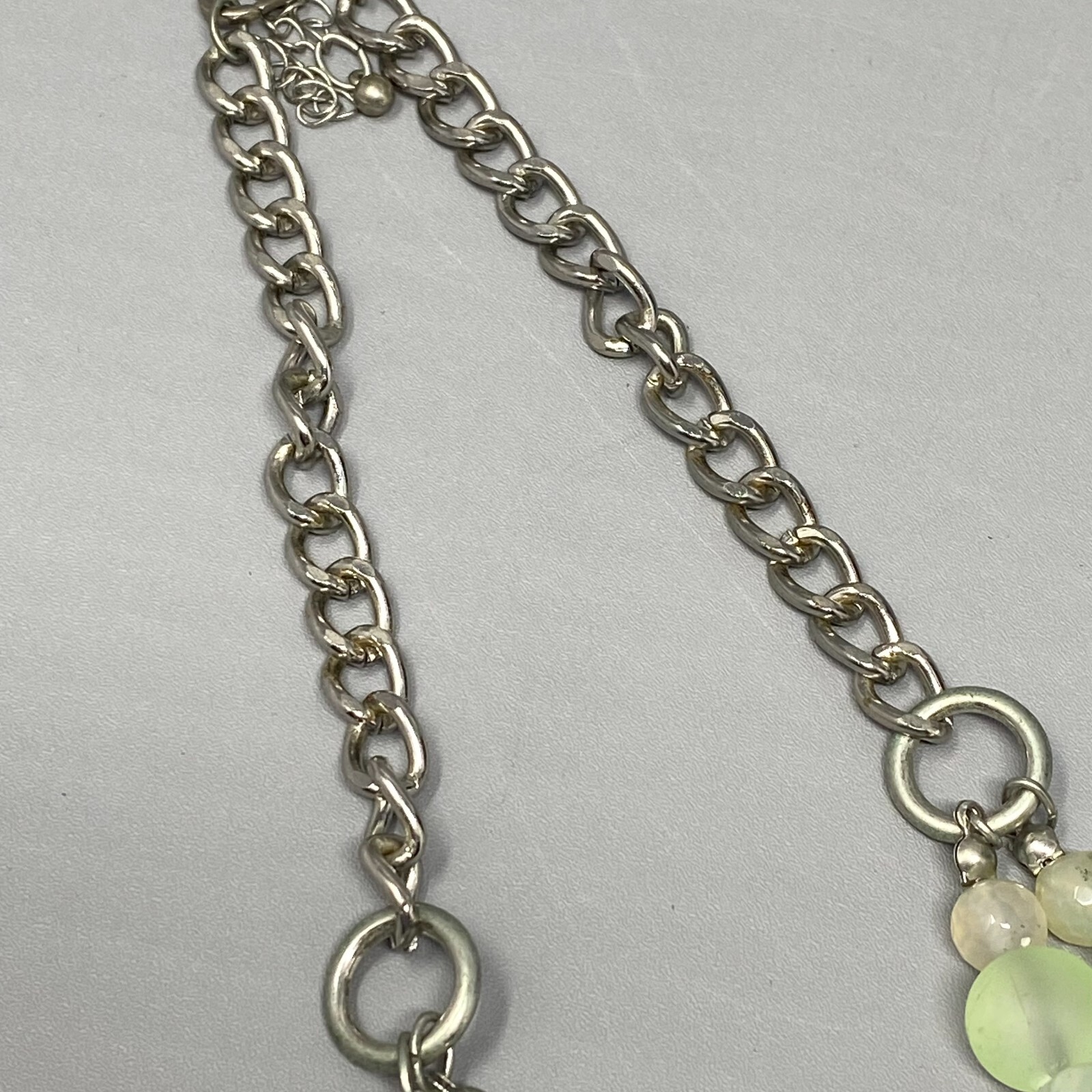Multi Strand Necklace Green Gemstone Glass Acrylic Beads Frost Swirl Silver Tone