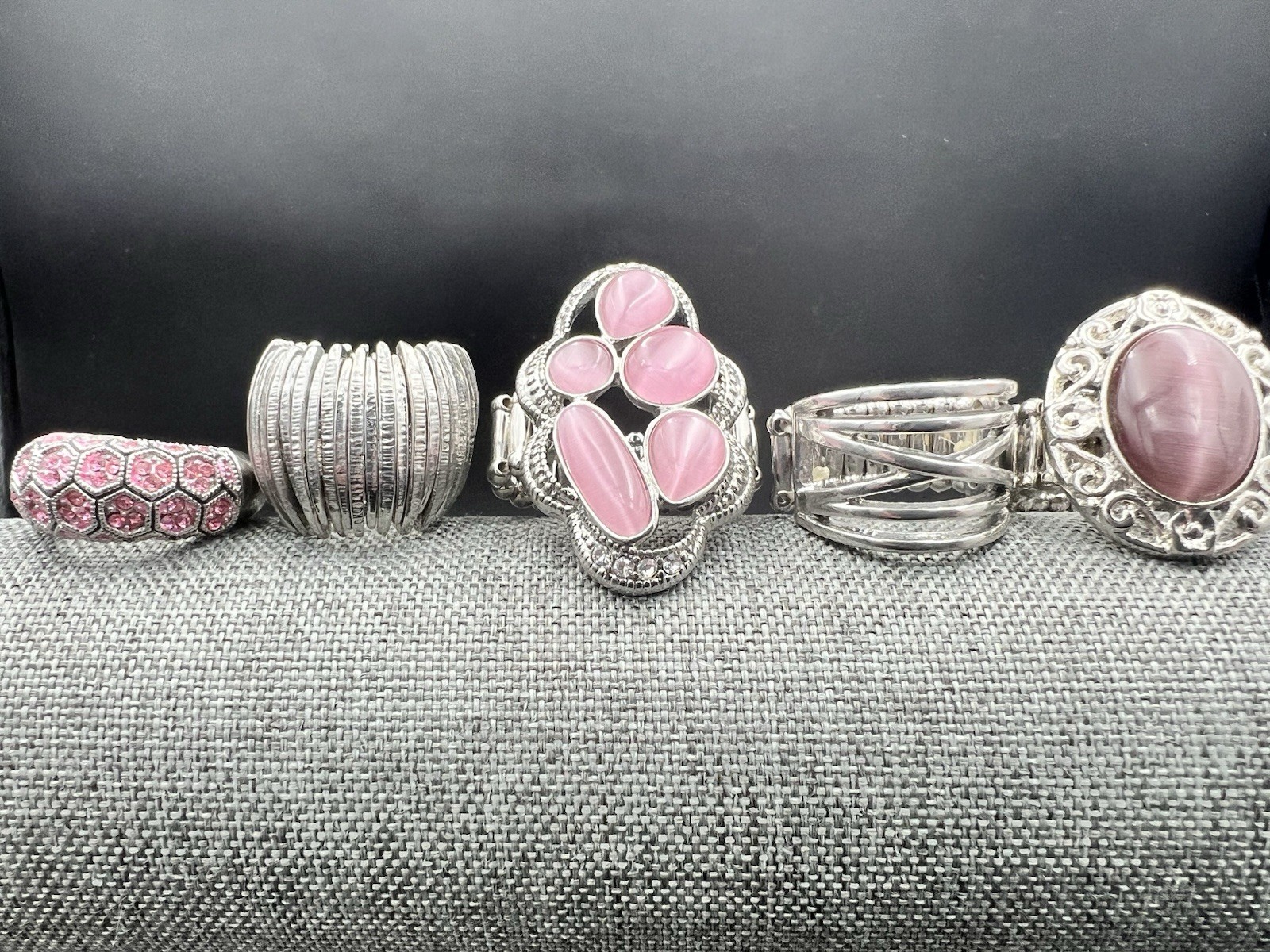 5 Vtg to Modern SilverTone Stretch Band Ring Lot Pink Purple Rhinestone One Size