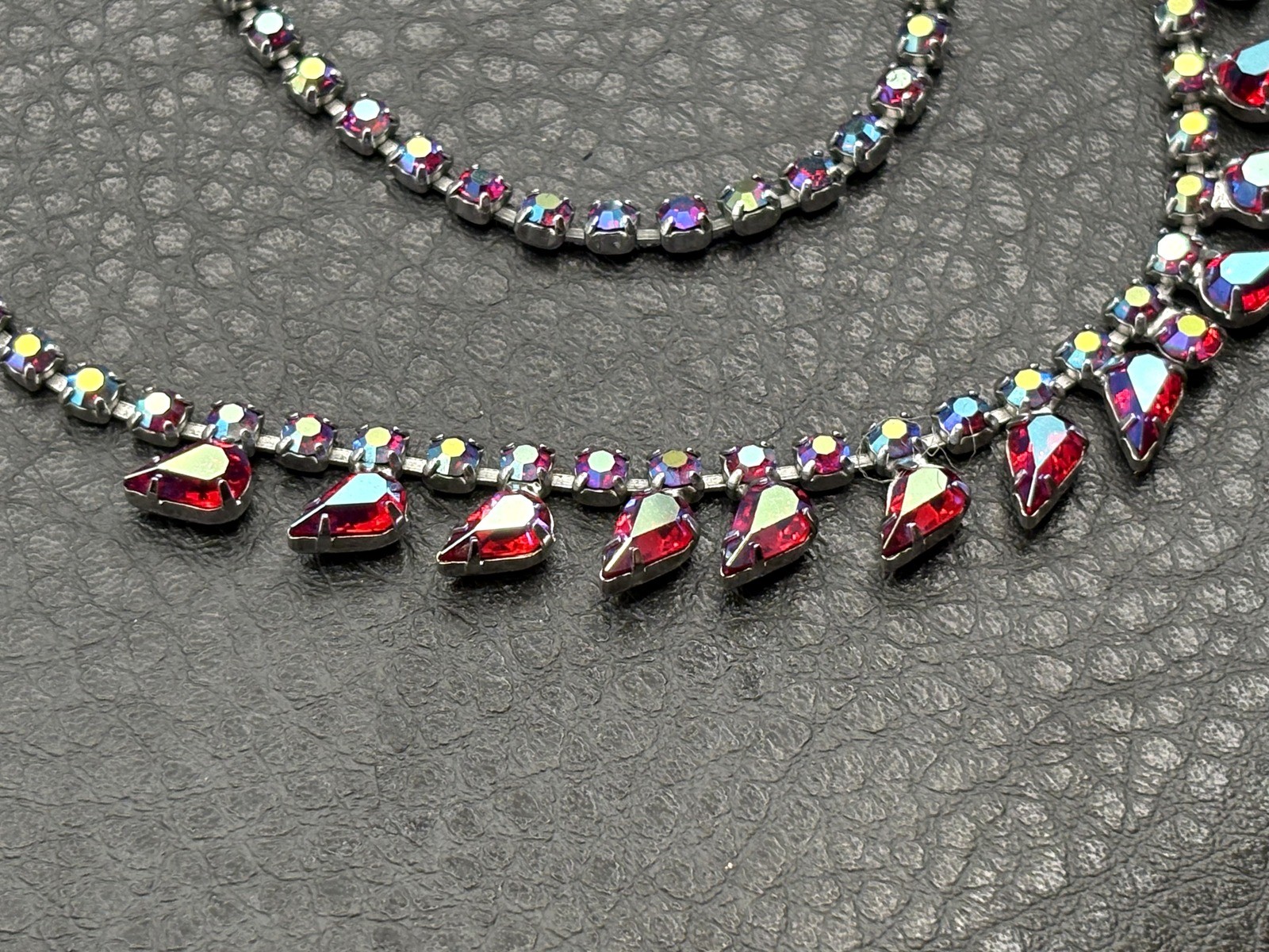 Vintage B. David Aurora Borealis Red AB Crystal Rhinestone Necklace 18”