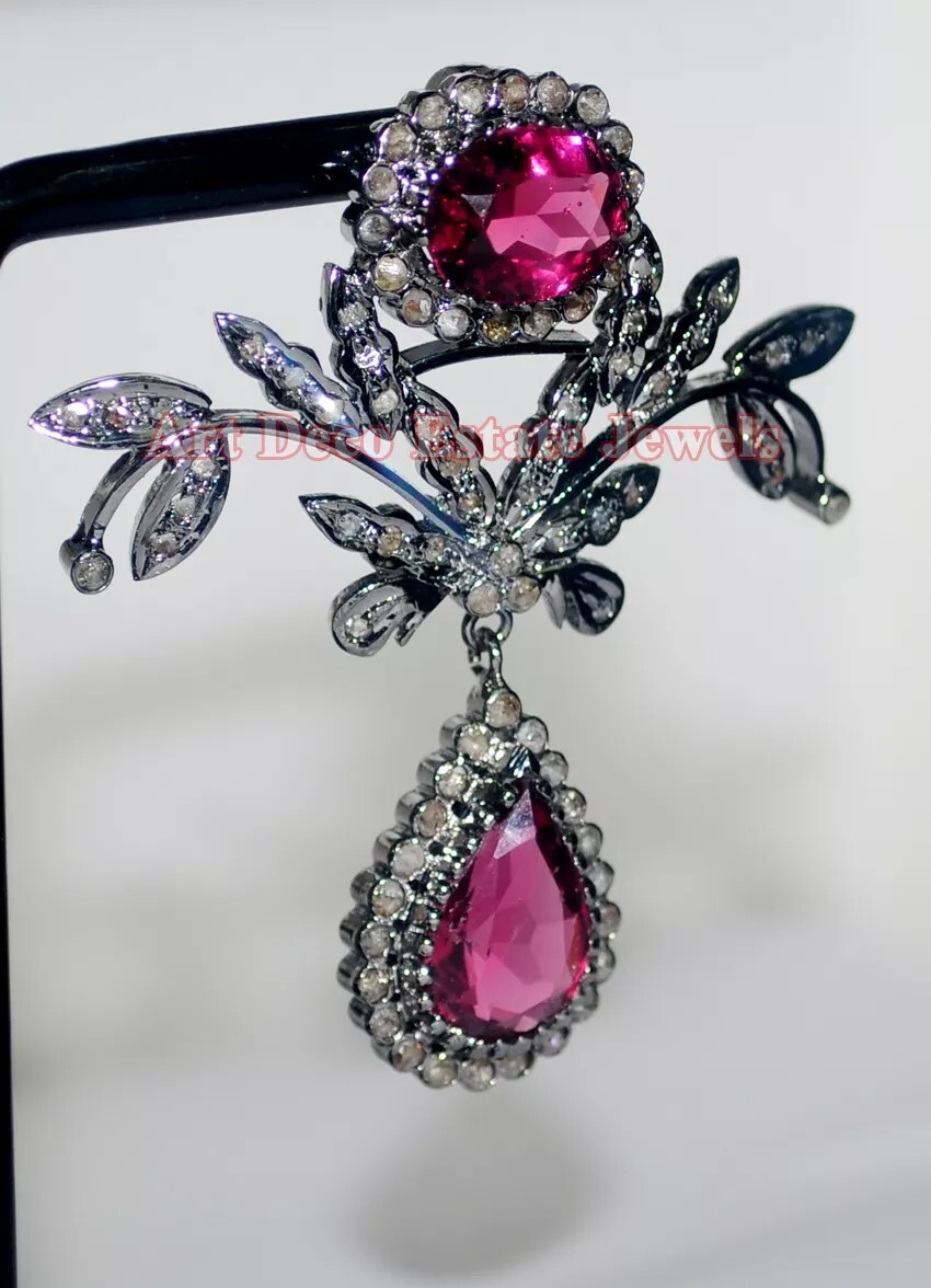 2.10ct Rose Cut Diamond 925 Sterling Silver Ruby Antique Victorian Look Pendant