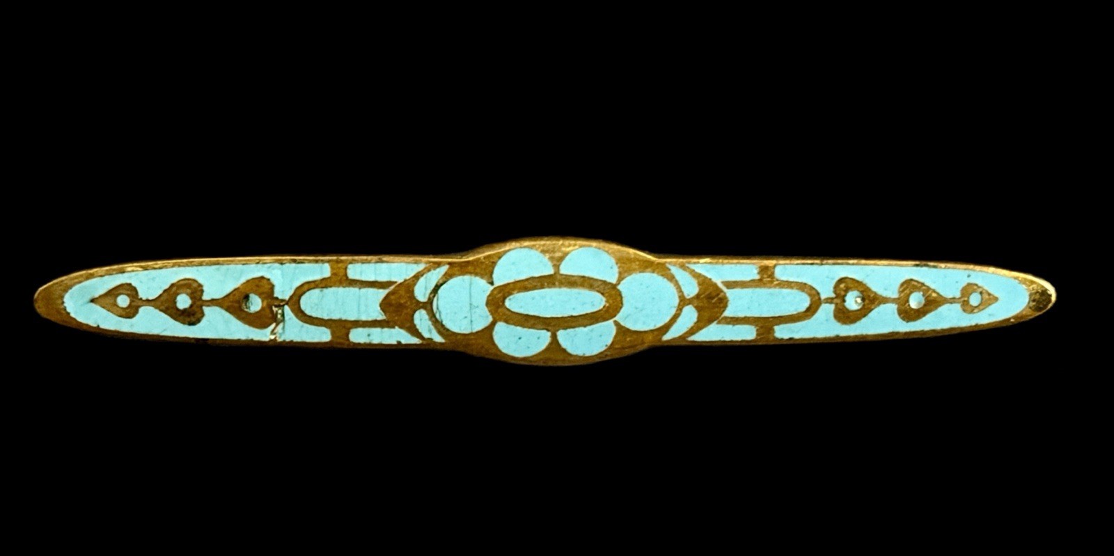 Antique Art Deco Era Turquoise Guilloche Brass Gold Wash Bar Brooch-~1920s