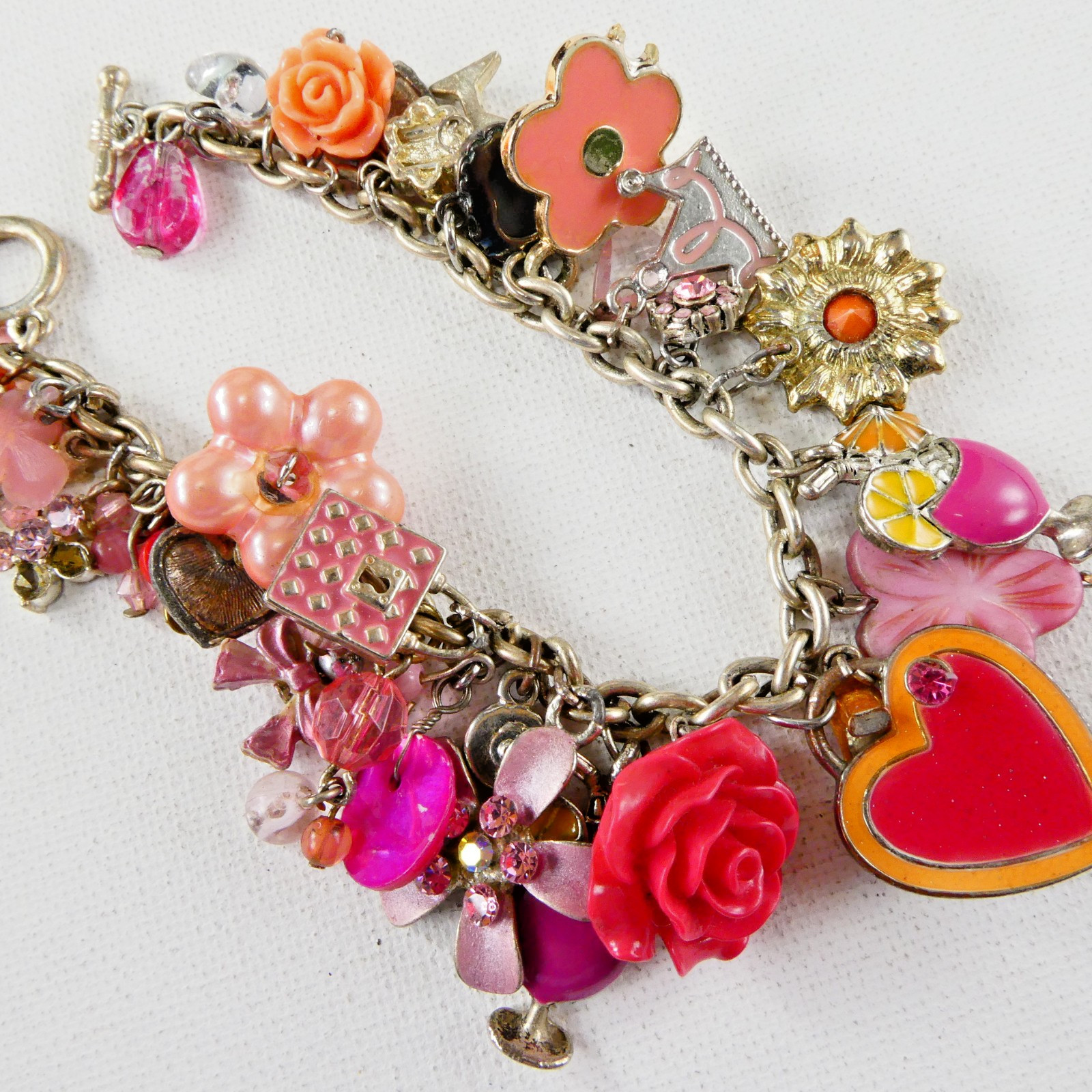 Vintage PINK Flower Charm Bracelet Floral Hearts Enamel Rhinestones Toggle Clasp