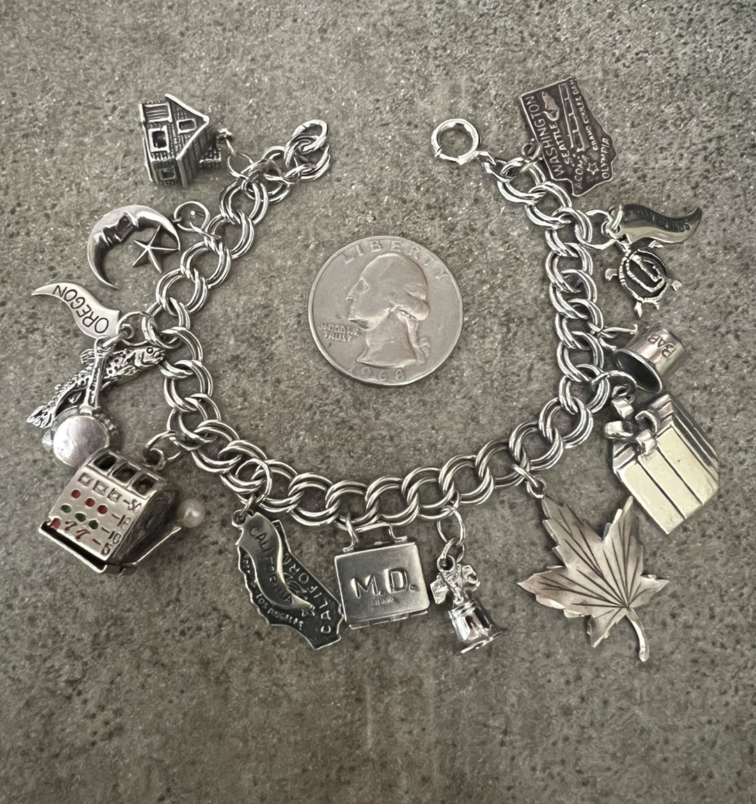 Vtg 12 Charm Sterling Double Link Bracelet 7.25” Travel Articulated 41g Lot 18