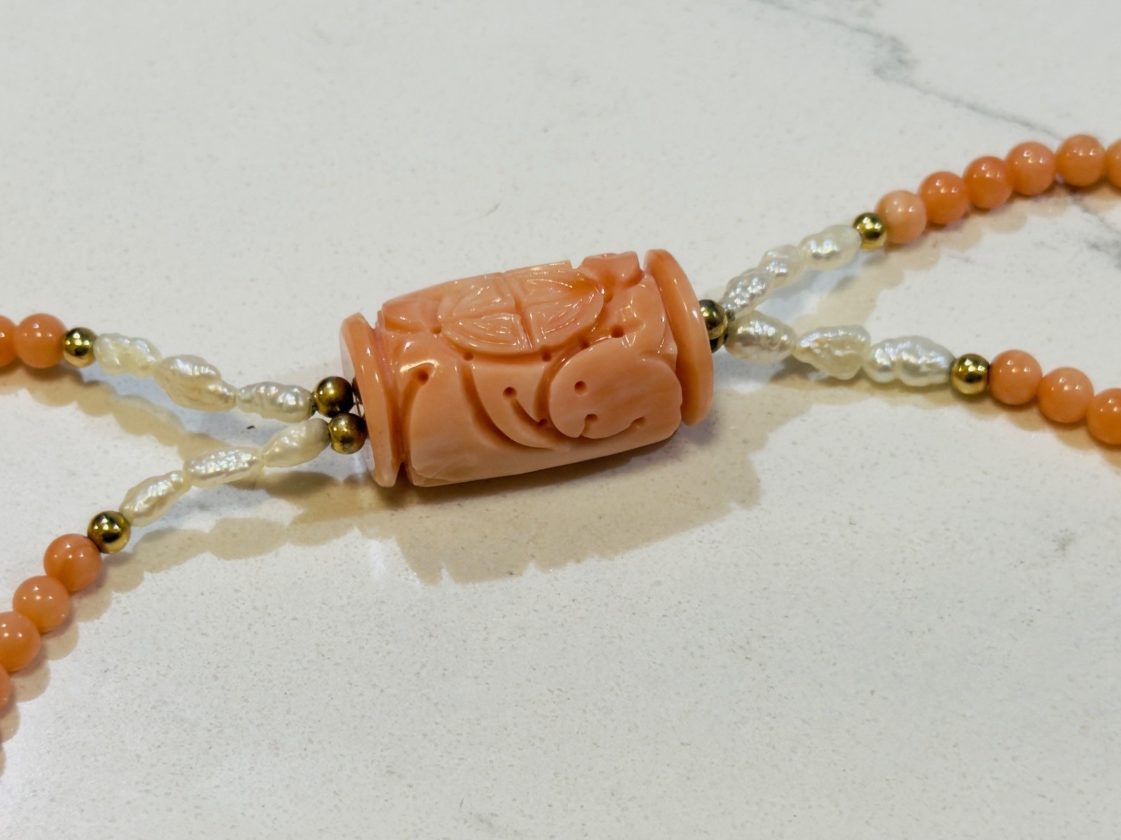 Antique Genuine Salmon Coral & Pearl Beaded Double Strand Necklace 32″ 14k Beads