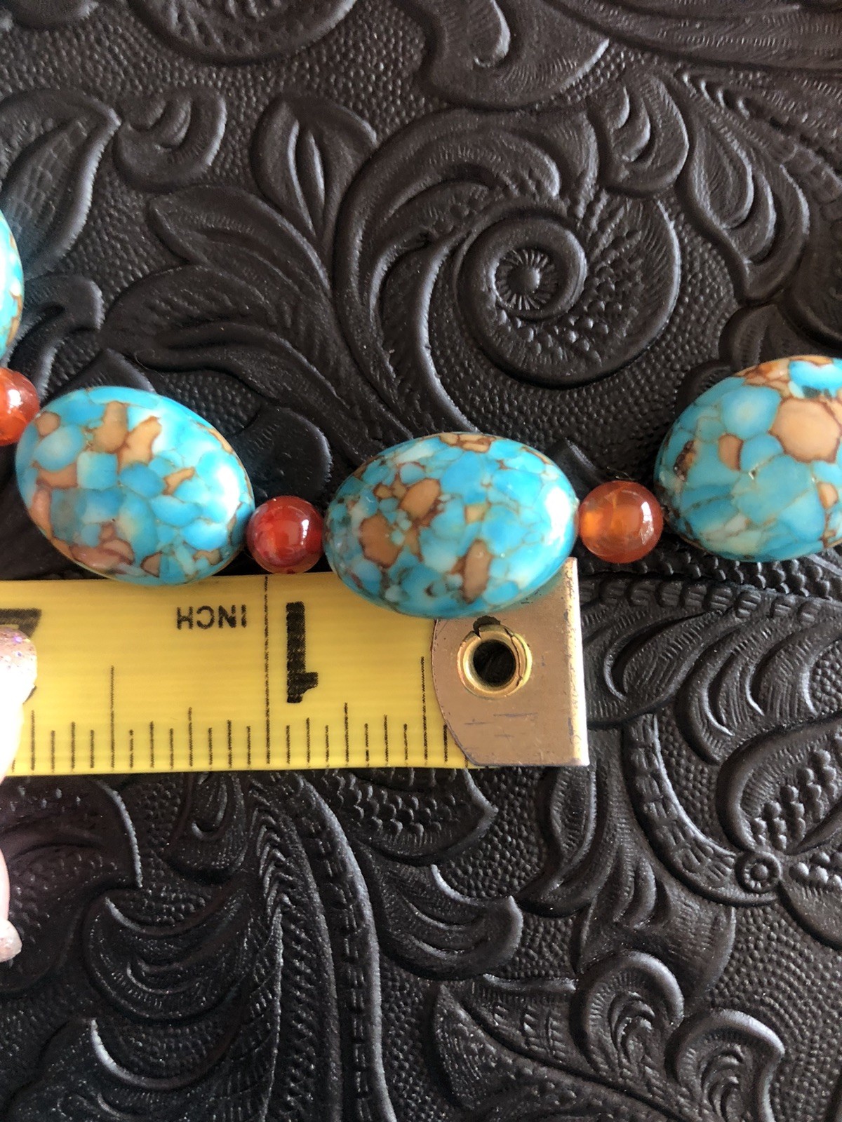 Mosaic Turquoise Beads, Natural Orange Agate Beads 18” Necklace, 925 Clasp