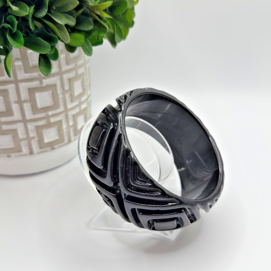 Vintage Black Lucite Bangle Bracelet Wide Carved Geometric Retro Statement