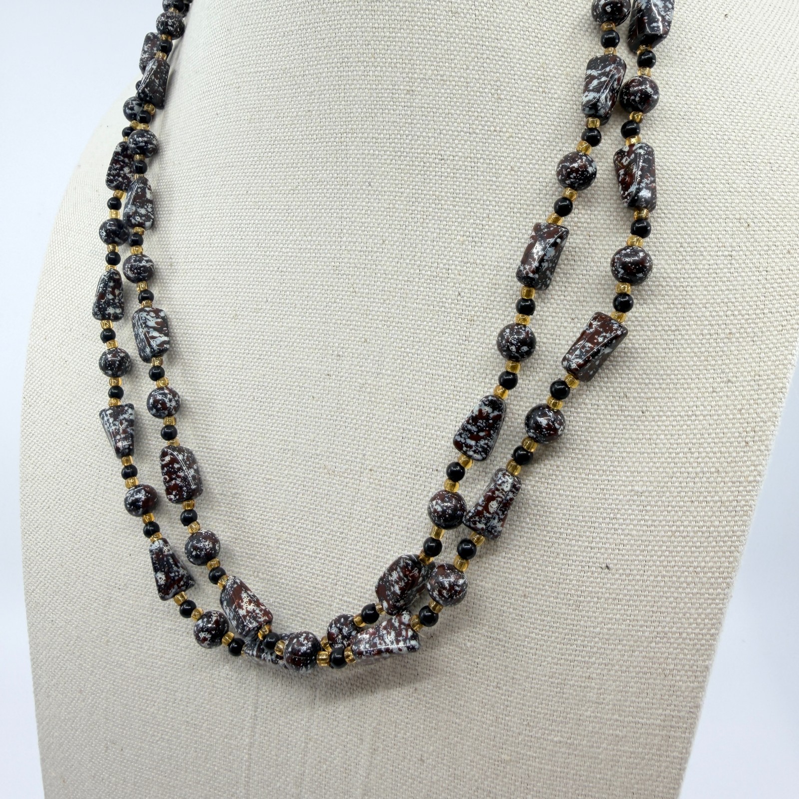 Vintage Brown White Mottled Bead Multi Strand Necklace Chunky Statement Boho Art