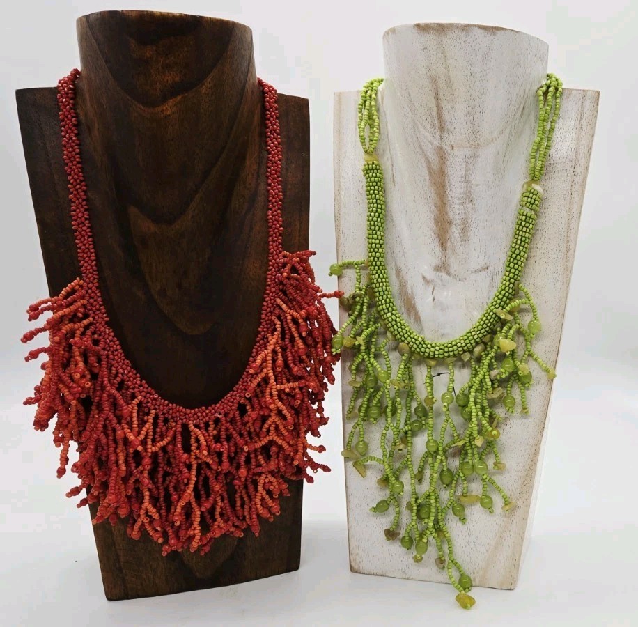 Vintage Beaded Fringe Bib Necklace Seed Beads Lot of 2 Statement Green Coral