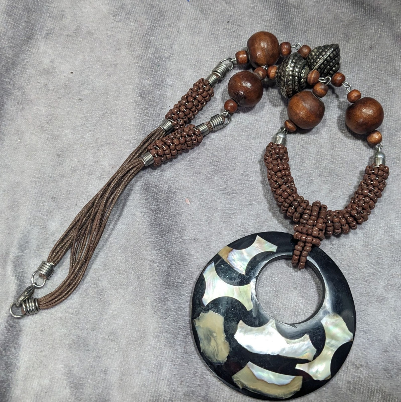 Vintage Bohemian Wood And Metal Necklace With Shell Inlay Pendant