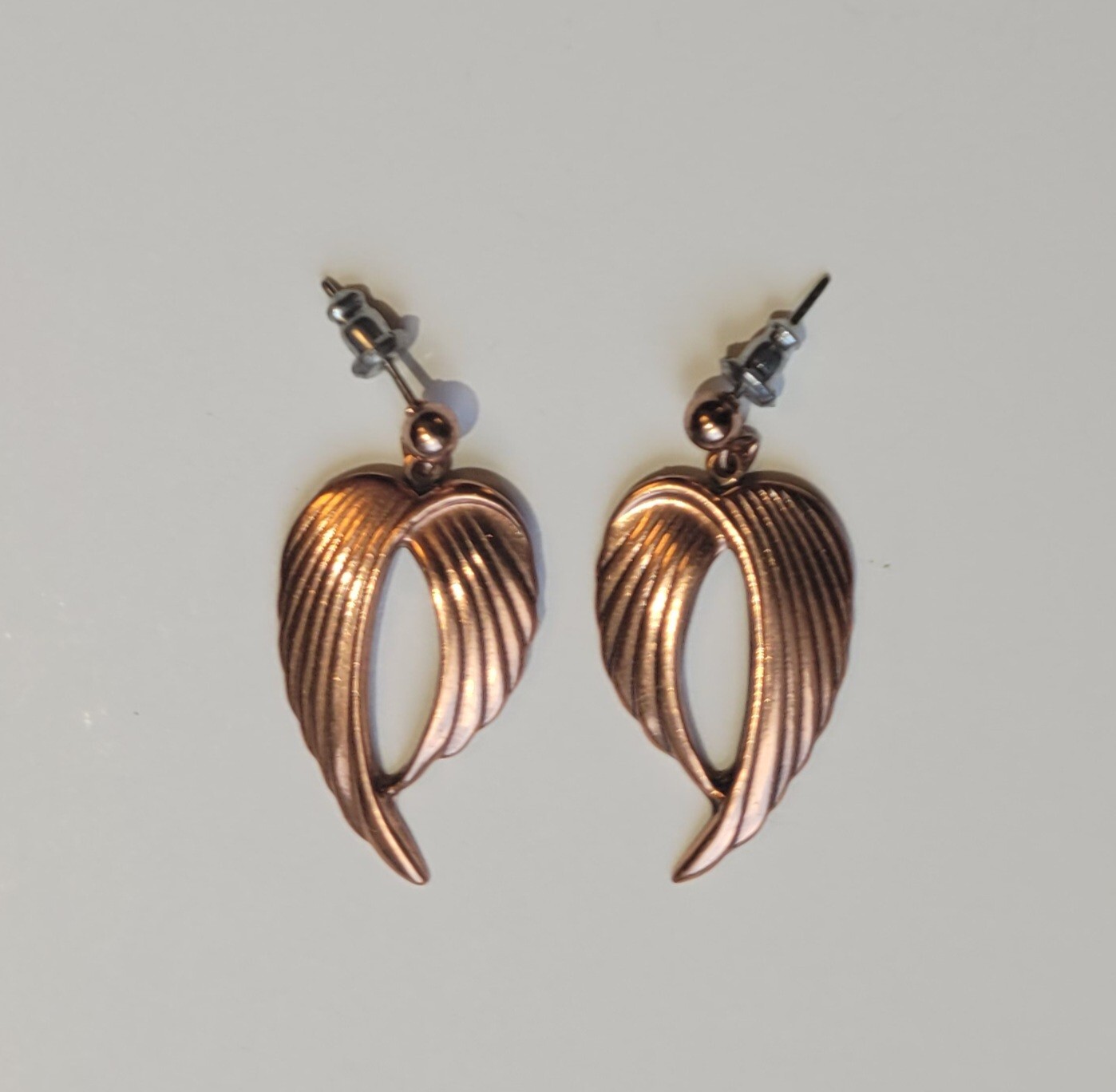 Copper Angel Wings Art Nouveau Style Post Dangle Drop Pierced Earrings Vintage