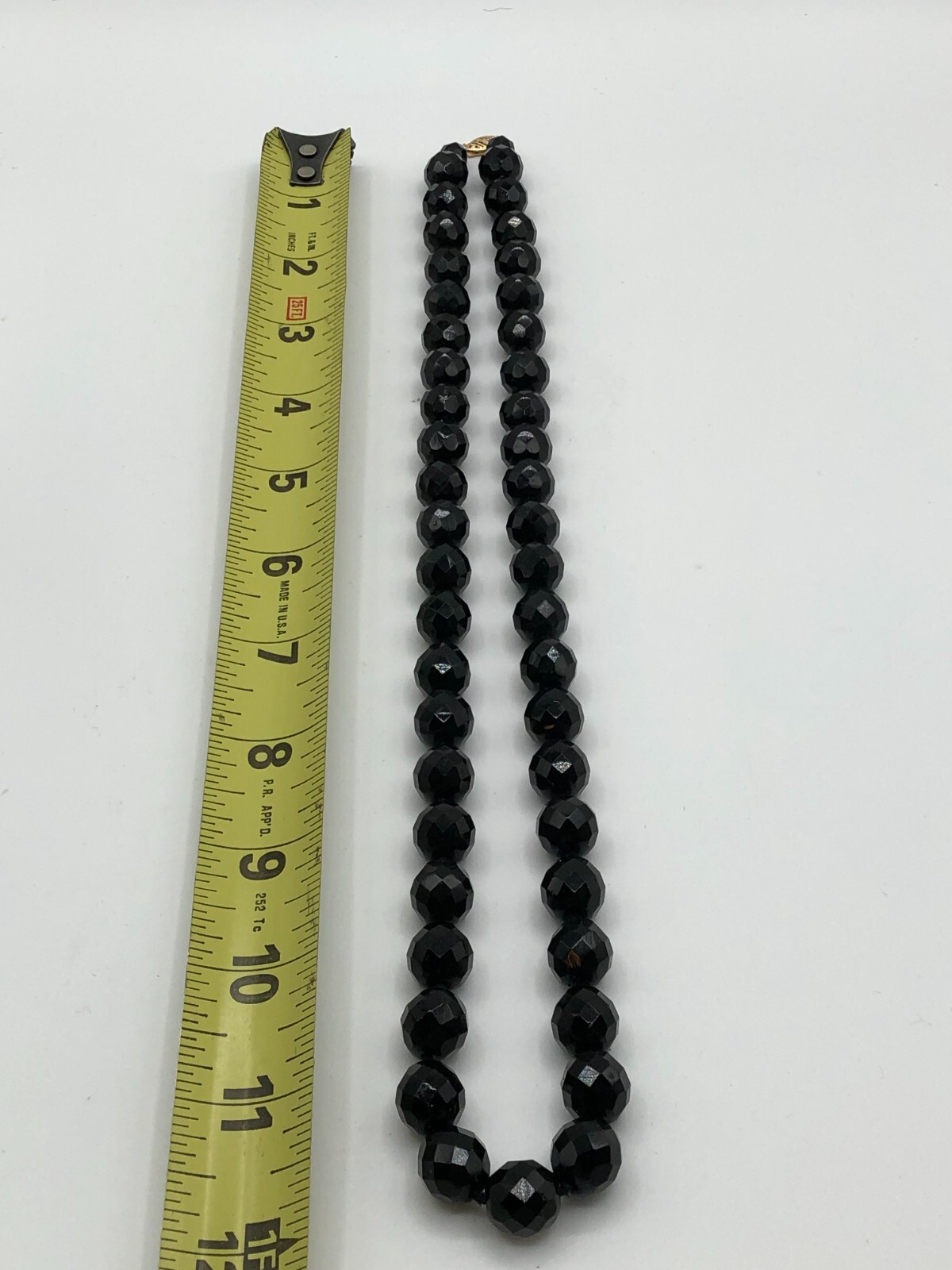 Vintage Heavy Black Faceted Crystal Glass Beaded Necklace 1 CM Beads 14 Kt Clasp