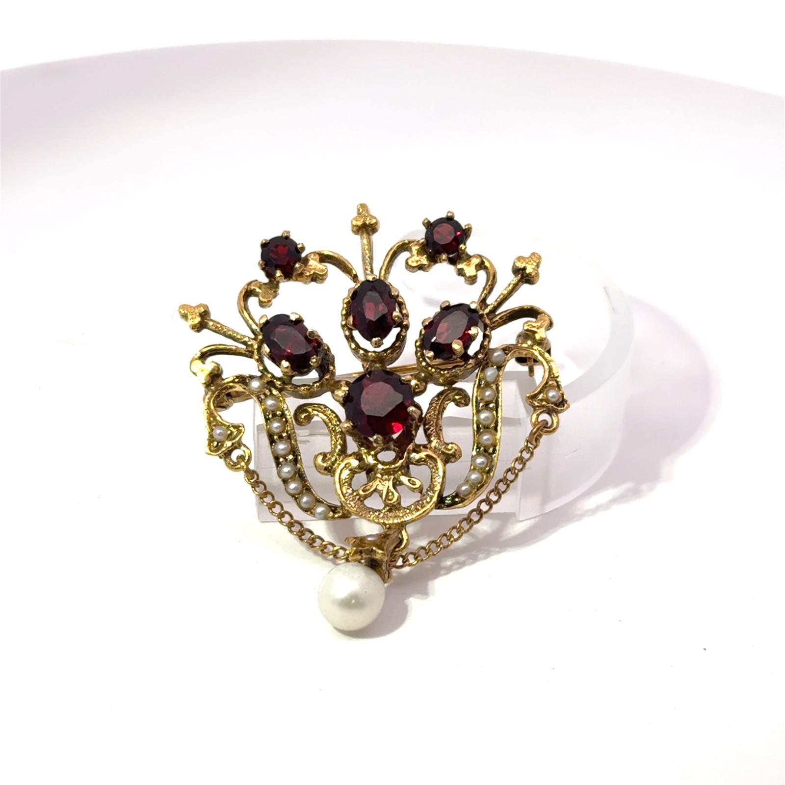 Antique 14k Stamped Yellow Gold Garnet & Pearl Brooch Pin