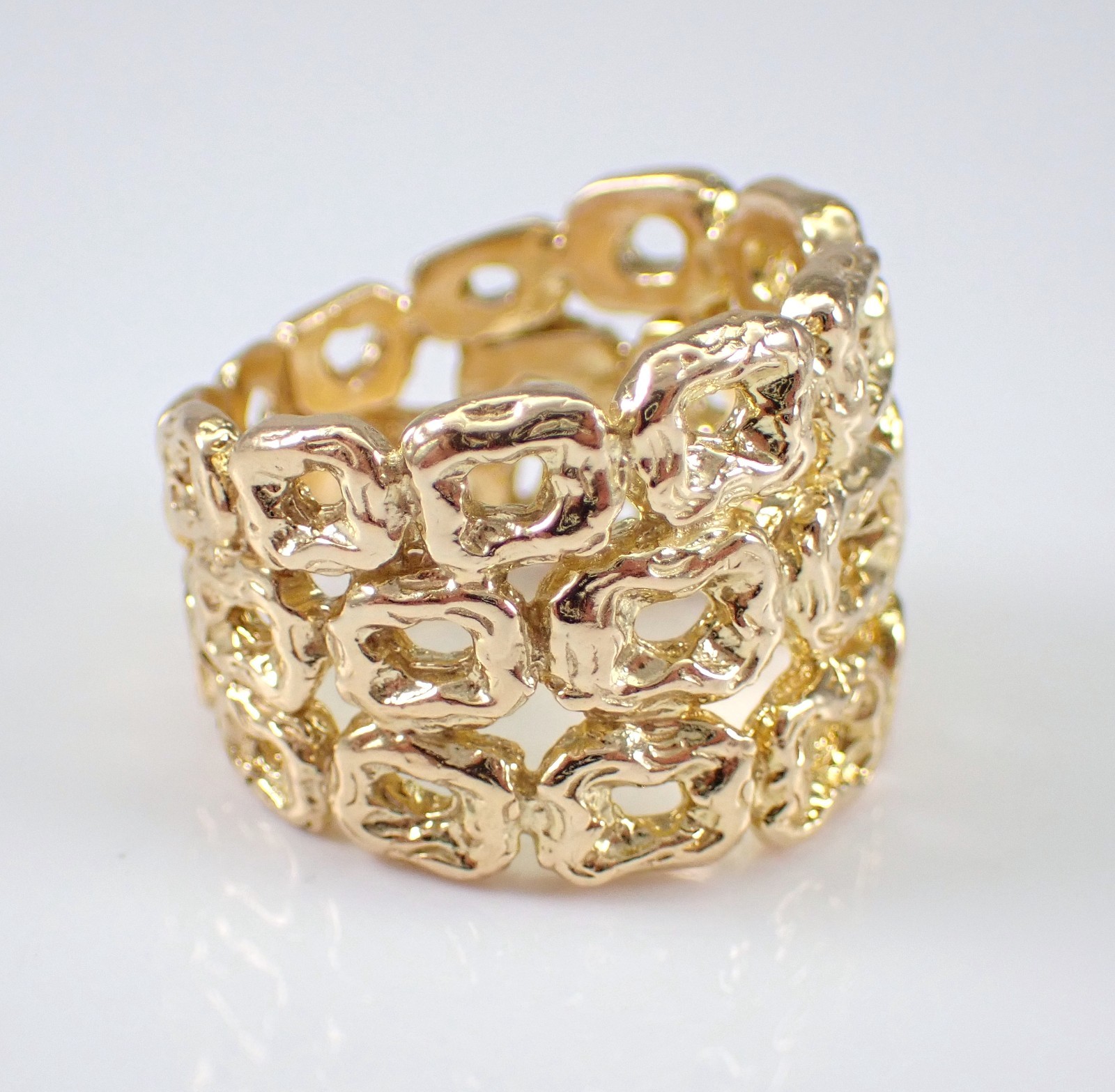 Vintage 14K Yellow Gold Multi Row Band Wide Right Hand Nugget Bamboo Chunky Ring