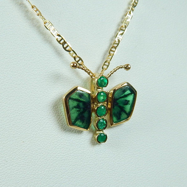 Colombian Trapiche Emerald 3.12 TCW Butterfly Pendant 18K Y Gold Jewelry Muzo M