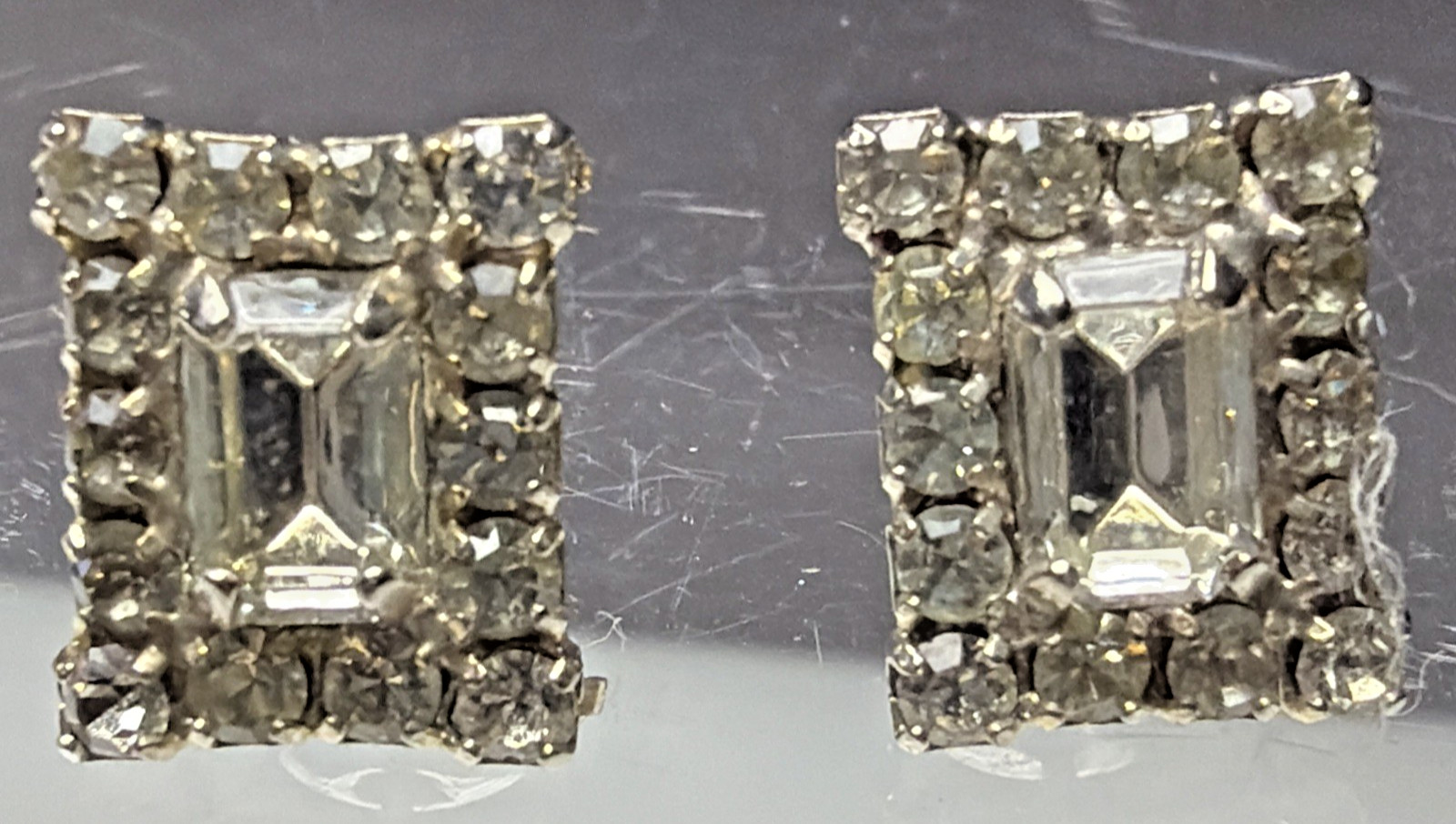 Vintage Emerald Cut Baguette Rhinestone Halo Cluster Pierced Earrings Prong Stud