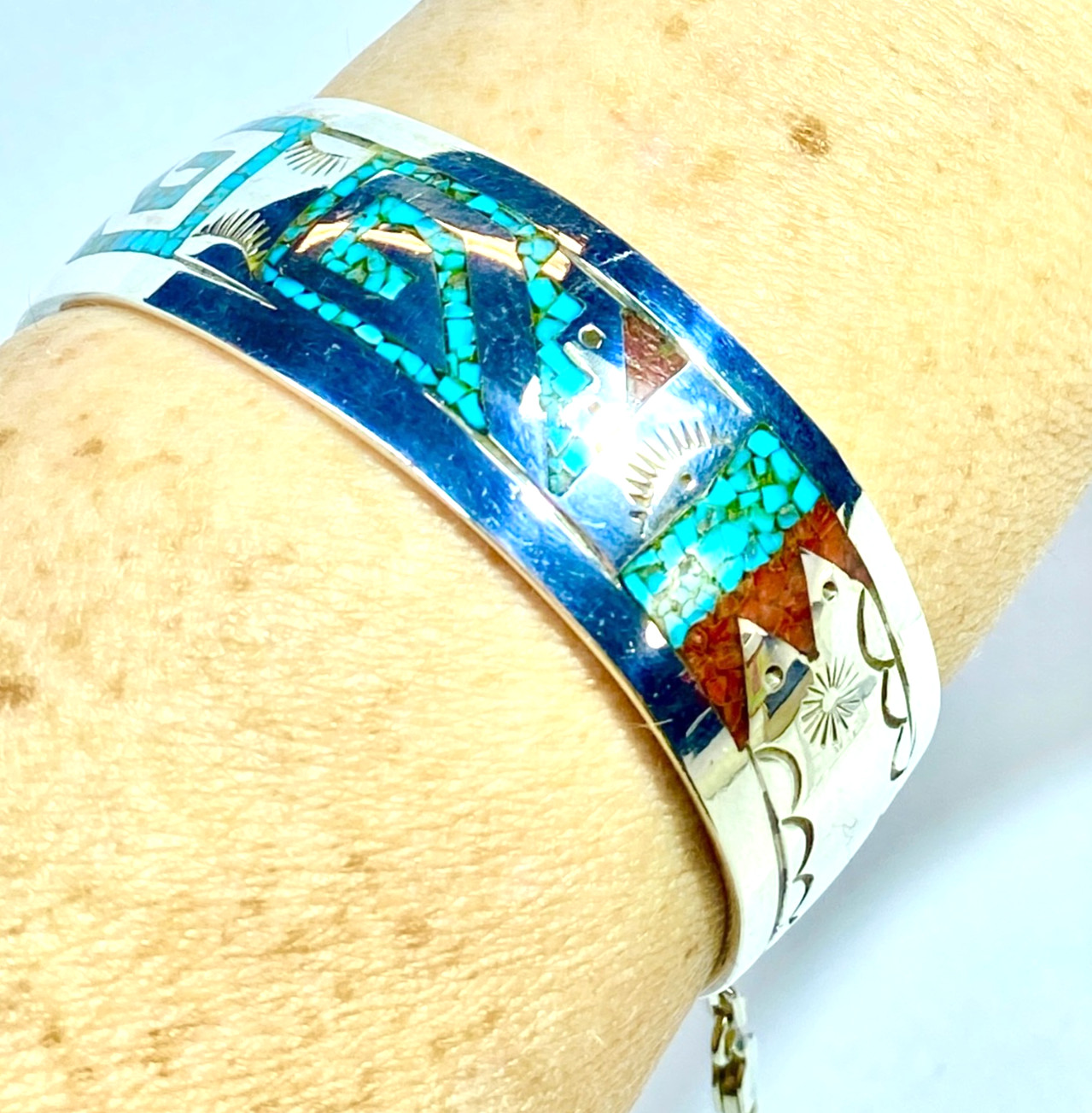 Sterling Native American Henry Baca Inlaid Turquoise & Coral Cuff 2 3/8″