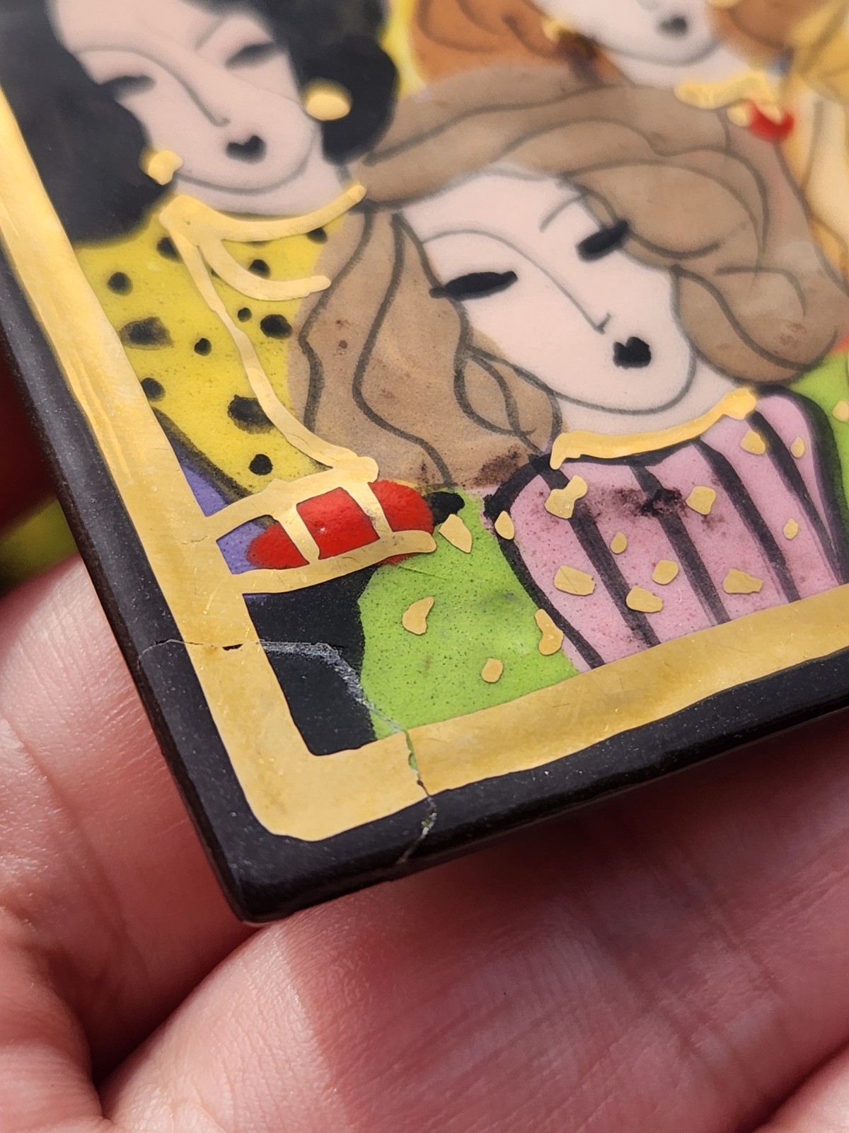 Laura Mostaghel Signed Hand Painted Folk Art Brooch Women Faces Portrait
