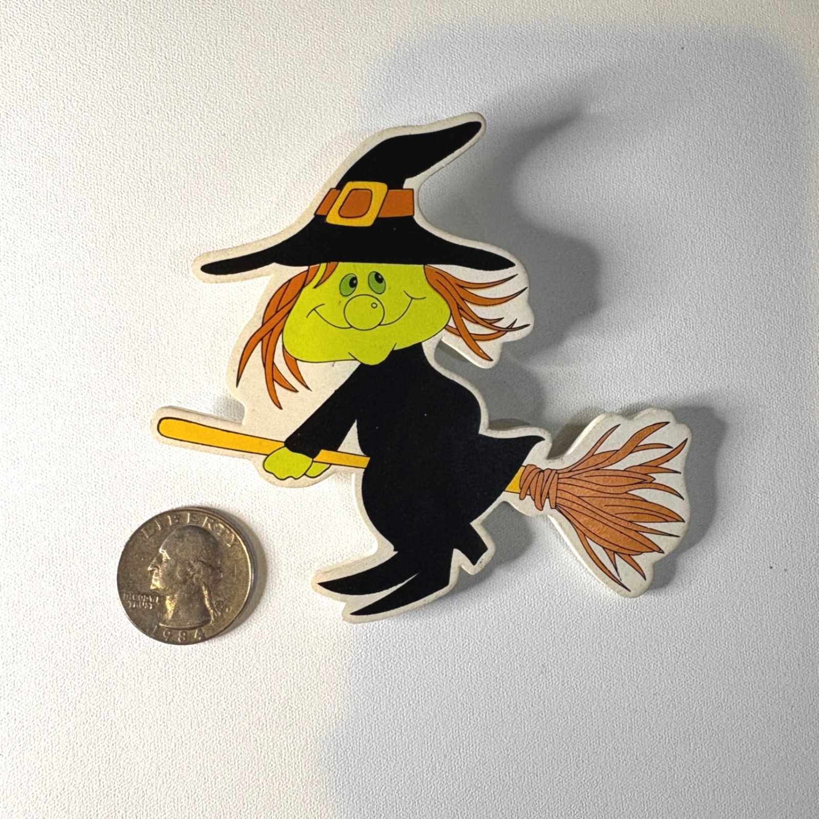 Vintage brooch Halloween Witch Flying on Broomstick Pin Green Face Whimsical