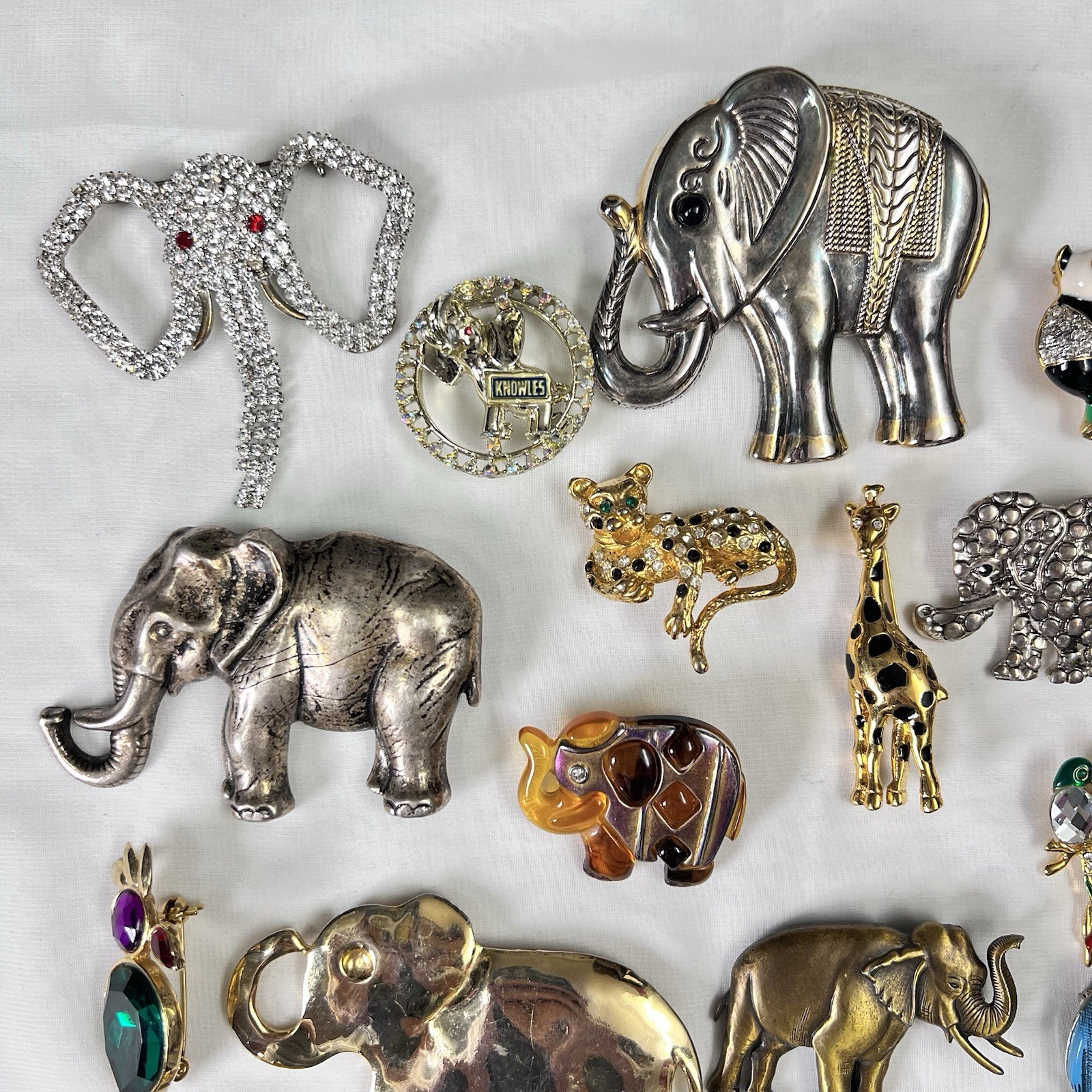Vintage Safari Animal Brooch Pin Lot of 18 Faux Pearl Crystal Enamel Gold Tone