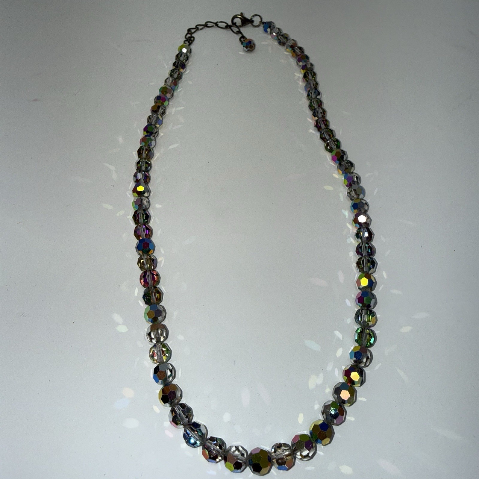 Vintage One Strand Aurora Borealis Rainbow Crystal Glass Faceted Necklace 18″