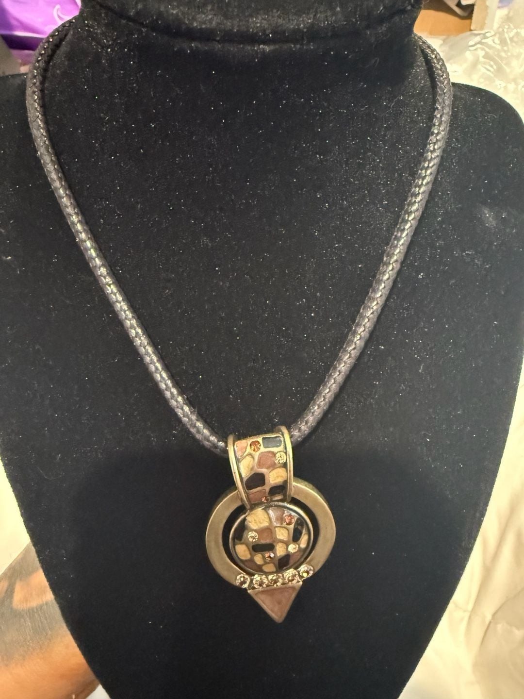 Chico’s Vintage Gold-Tone Mosaic Geometric Pendant Necklace on Black Cord