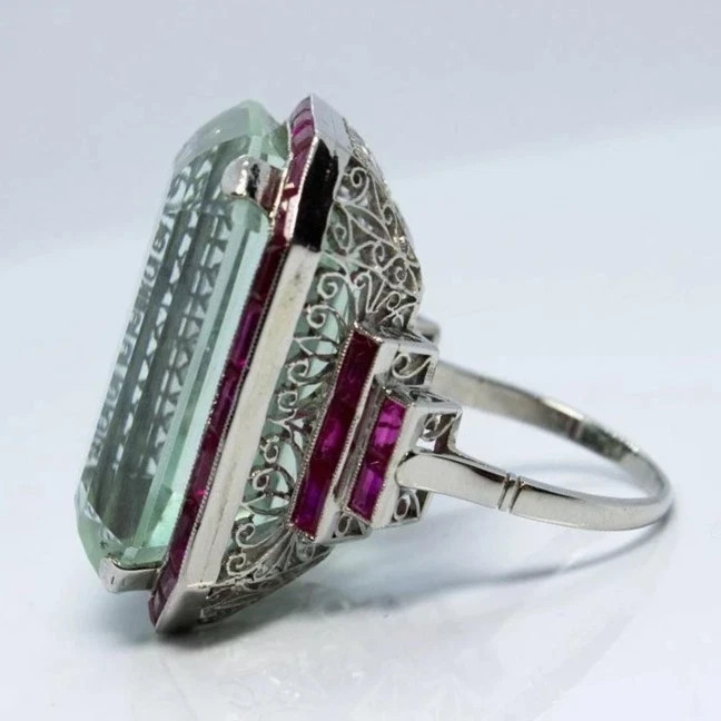 Vintage Art Deco Style 7CT Aquamarine & Ruby Halo Wedding Ring 14K White Gold FN