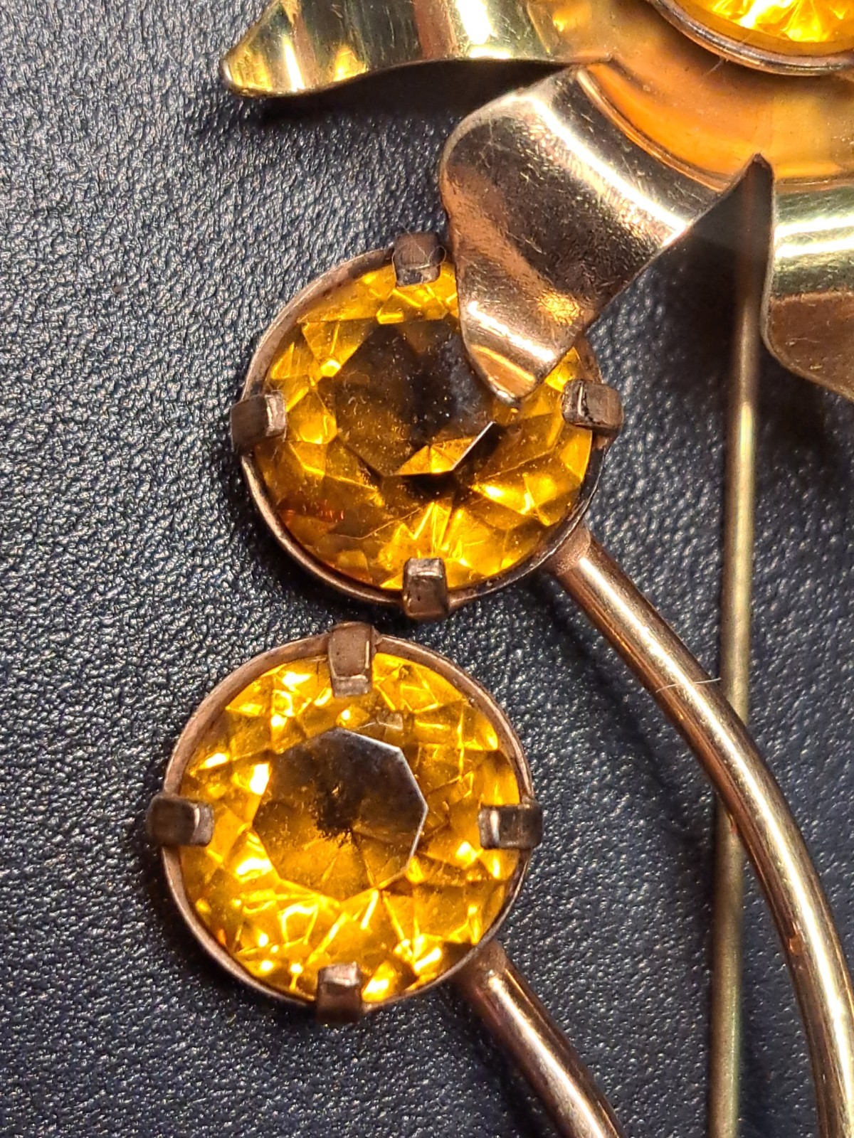 Huge 4″ Sterling Silver Gold Wash Flower Brooch Pin Amber Citrine Glass 16 Grams