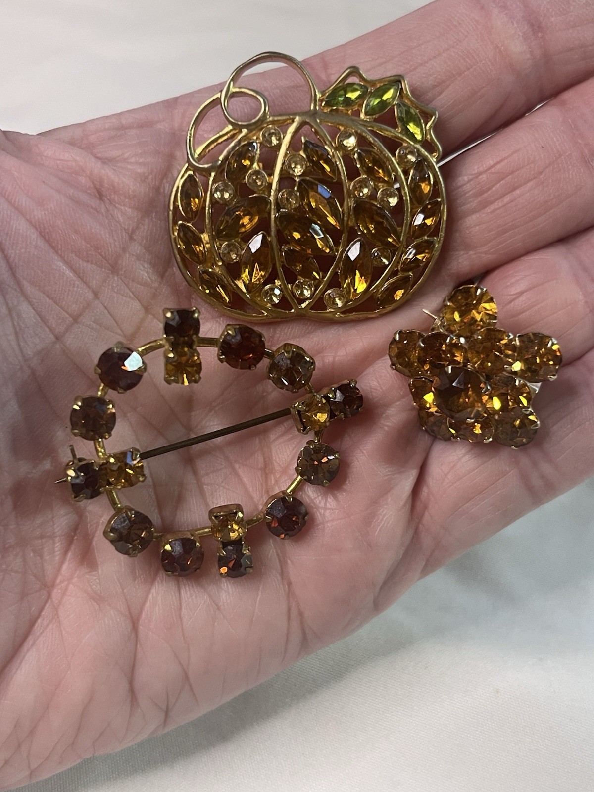 Brooch Pin Lot Rhinestones Amber Gold Brown Fall Colors Lot Of 3 Pumpkin Autumn