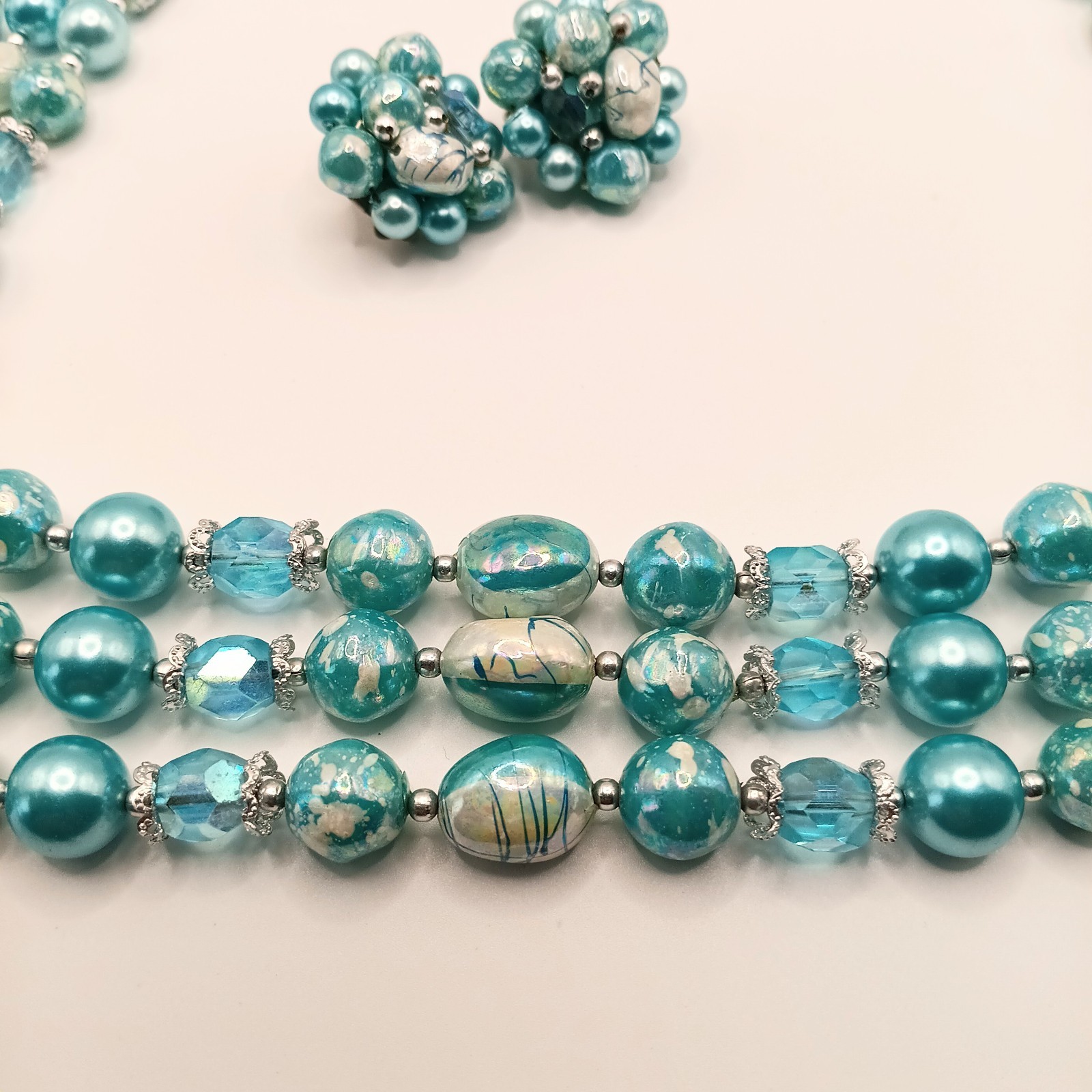 VTG Blue/AB Bead Demi Parure 3 Strand Stamped Japan Necklace And Clipon Earrings