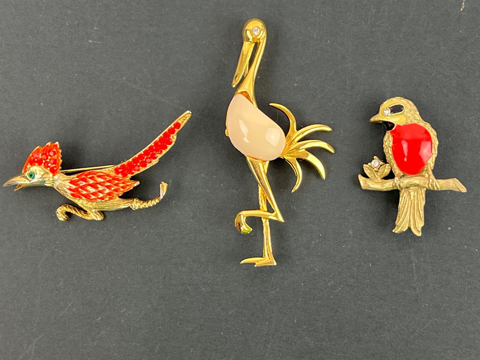 Lot of 3 Gold Tone Bird Brooches Pins Jelly Belly Rhinestones Red Orange Cream