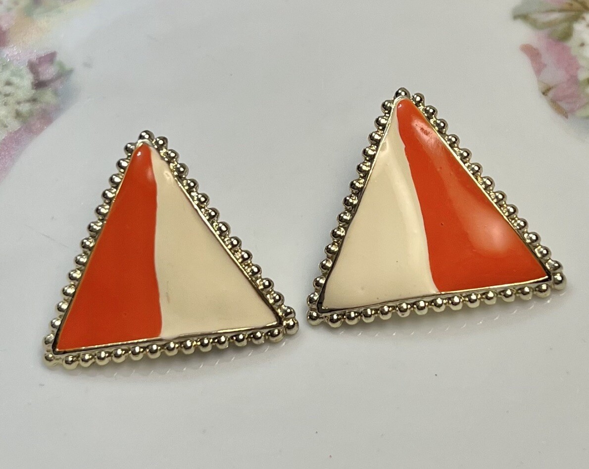 Vintage Signed Don Lin Pierced Earrings Triangular Enamel Orange Cream Gold Tone
