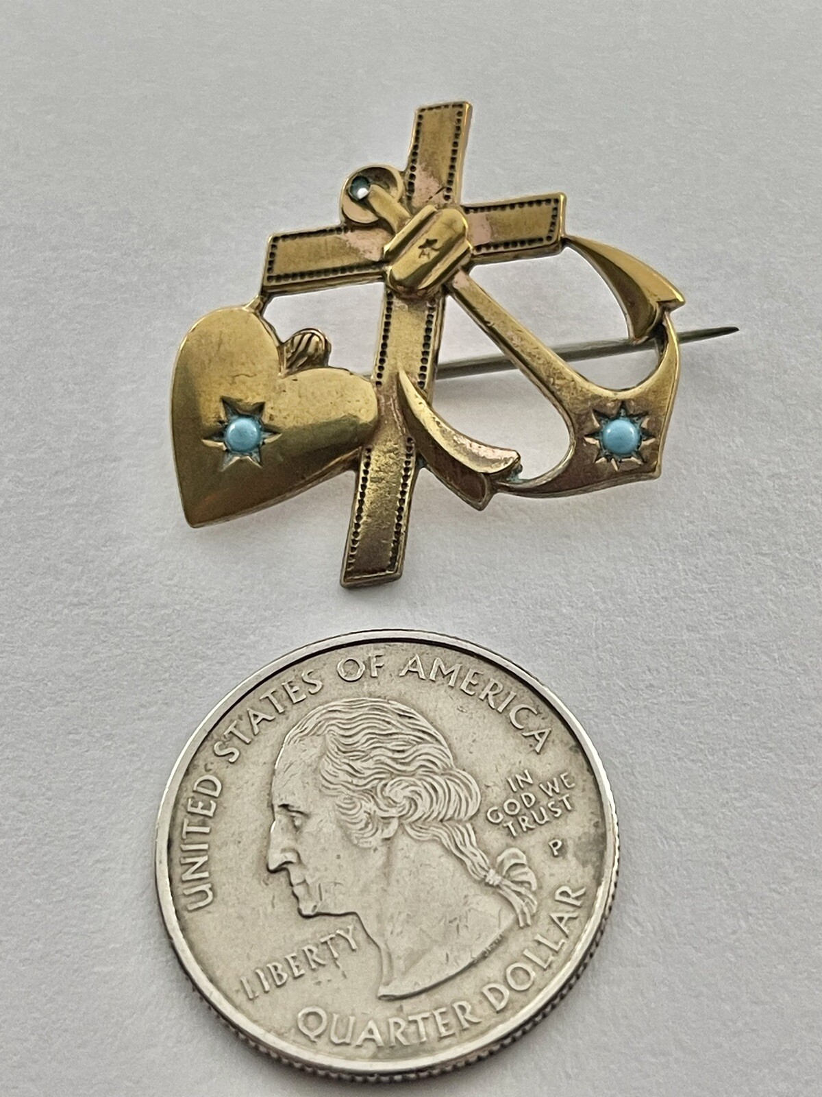 Victorian Faith, Hope & Charity 2 Turquoise Art Glass Beads Rolled Gold Brooch