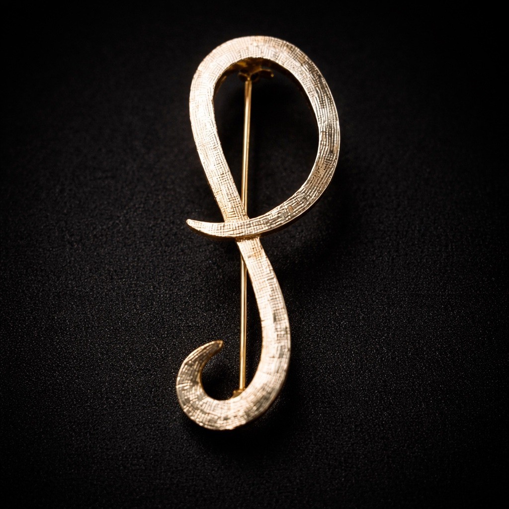 Vintage Monogram Allison Reed Gold Textured Script Letter P Initial Brooch Pin