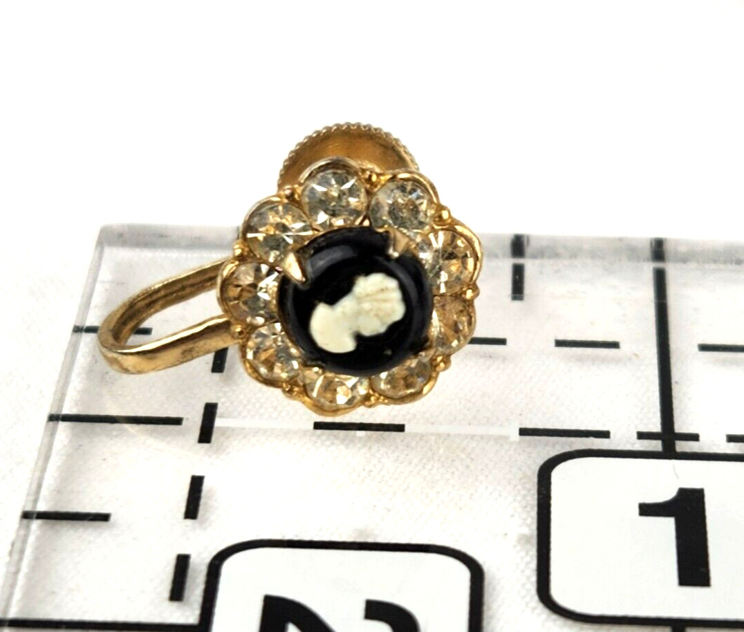 Coro Cameo Earrings Ivory/Black Gold Tone Rhinestones Screw Back Vintage Signed