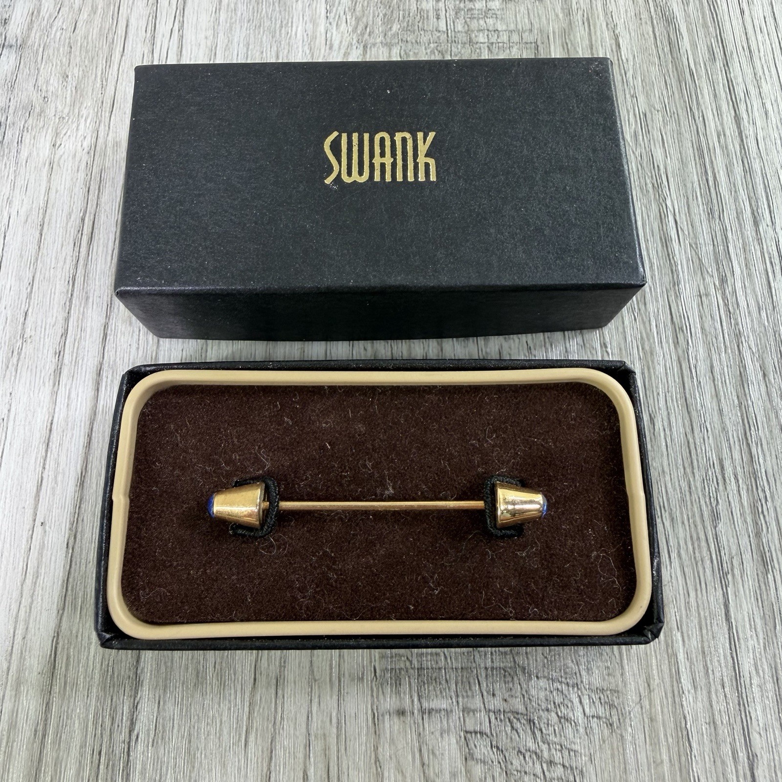 Vintage Swank Collar Bar Gold Tone With Original Box Blue Stones MCM Retro