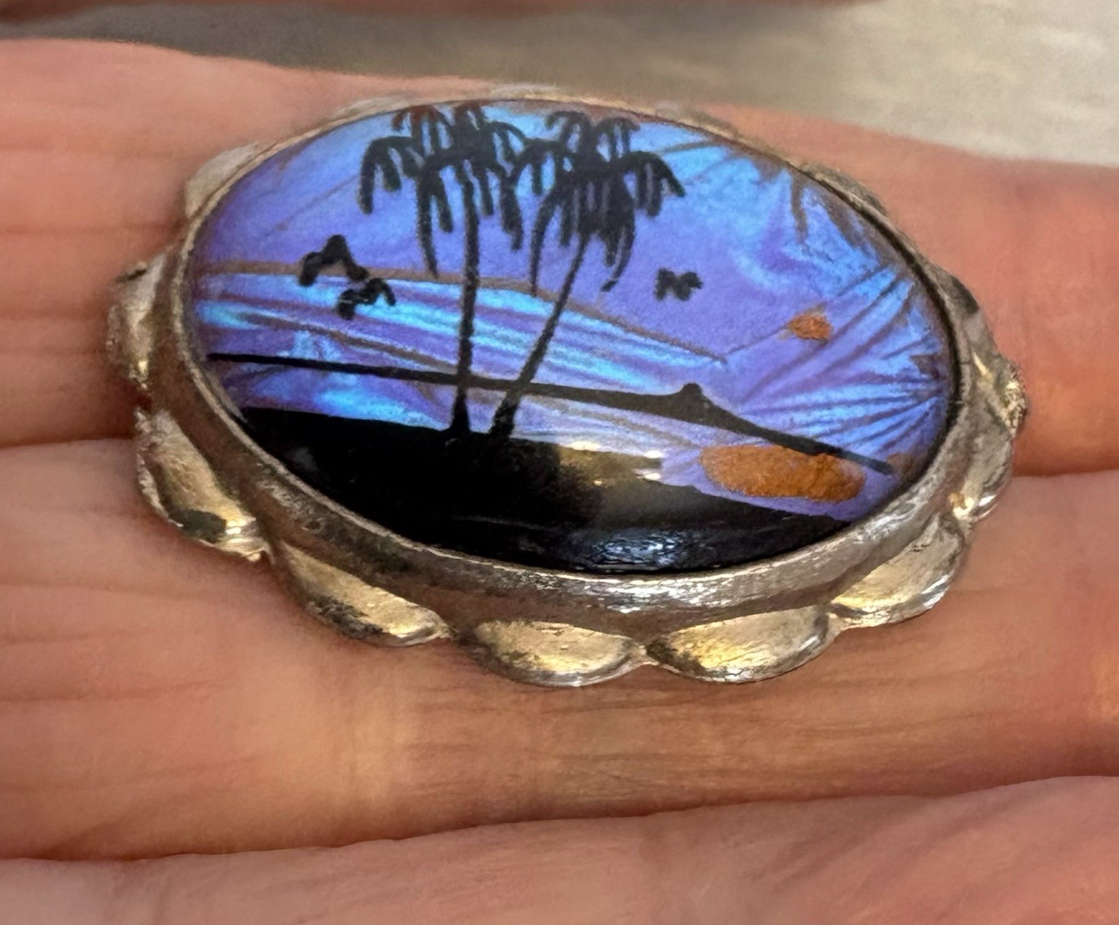 Art Deco Era Vintage Butterfly Wing Brooch Luminous Palm Tree Beach Glass Bubble