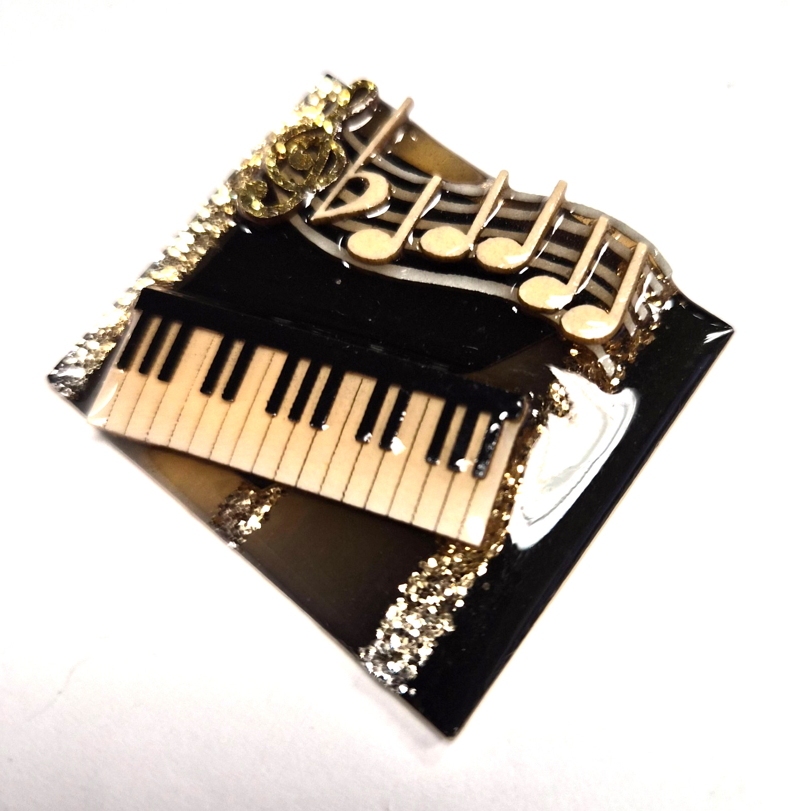 Vintage Music Pins by Lucinda Piano Keyboard Gold Glitter Notes Pin / Brooch