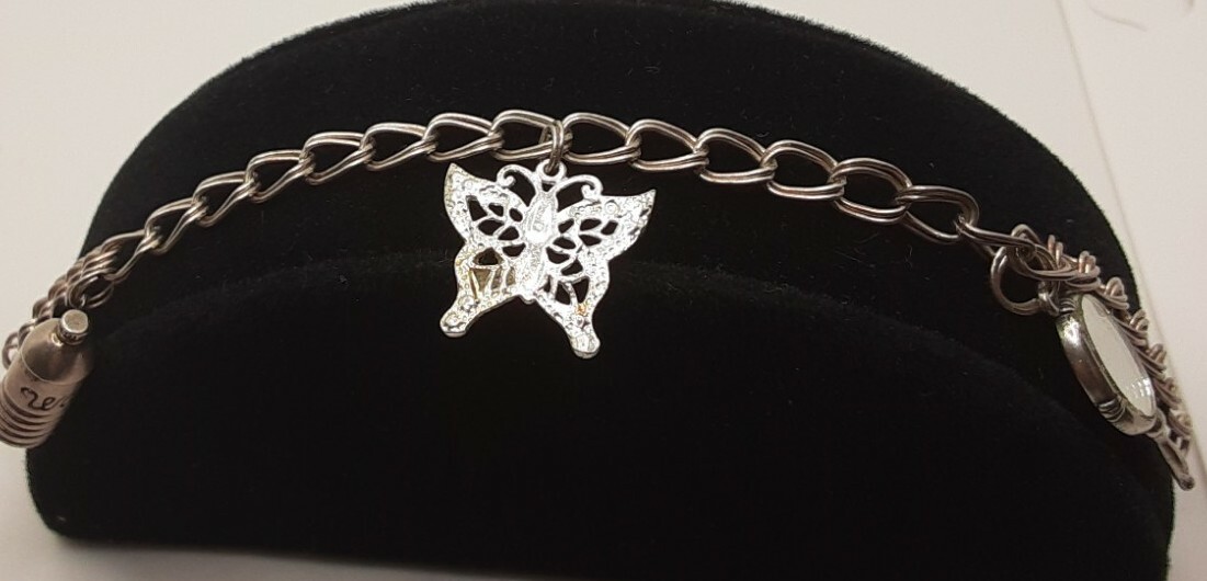 Vintage sterling Silver Loaded Charm Bracelet Mirror Water Bottle 5mm 925 7-1/4″