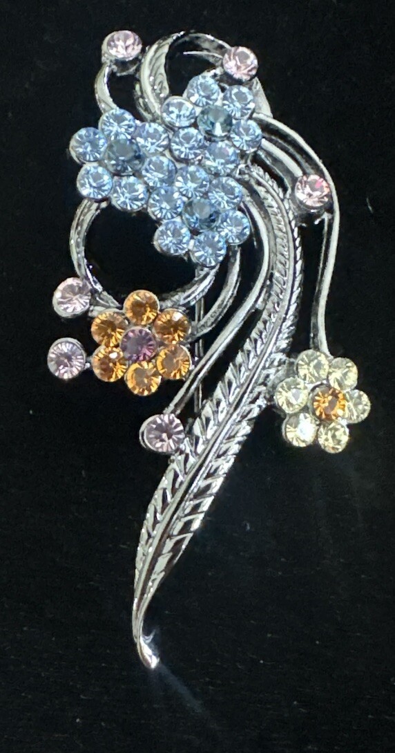 Vtg Flower Spray Brooch Pink Blue Yellow Red Orange Crystals Gunmetal Silver 2″