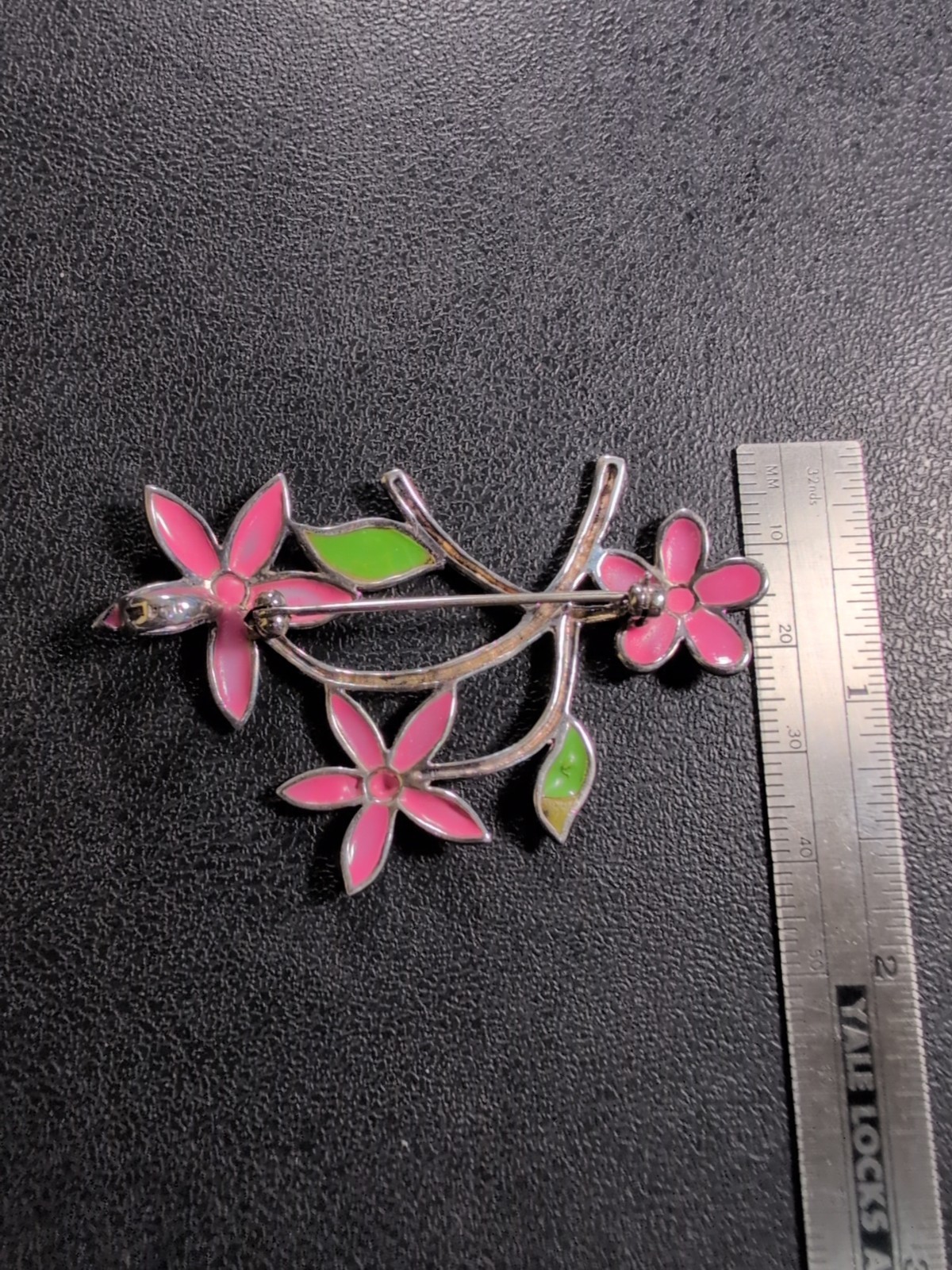 Pink and Green Flowers Sterling Pendant Brooch Spring – 2.5″ – 9.1 g – signed